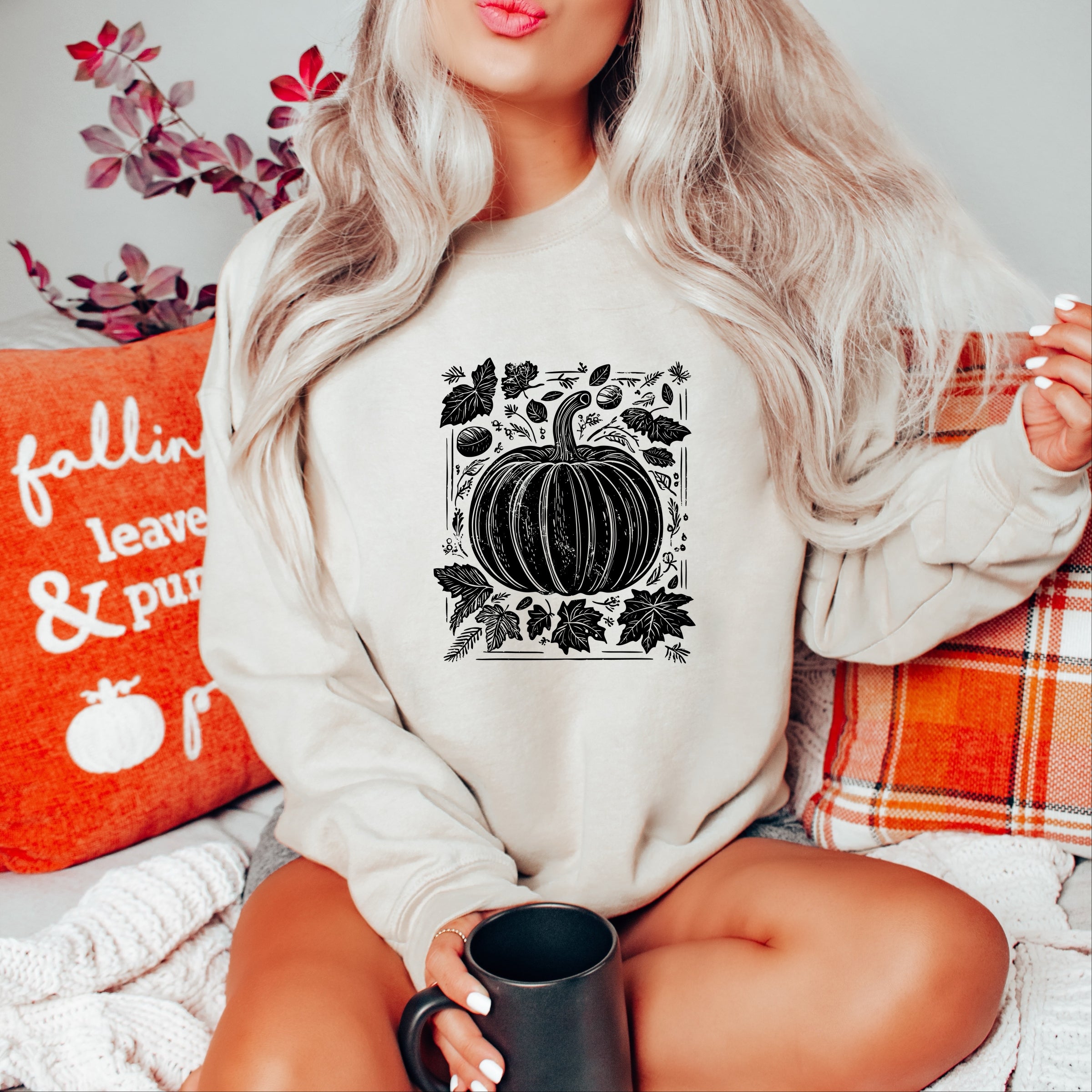 Pumpkin With Leaves Distressed - Women's Graphic Sweatshirt