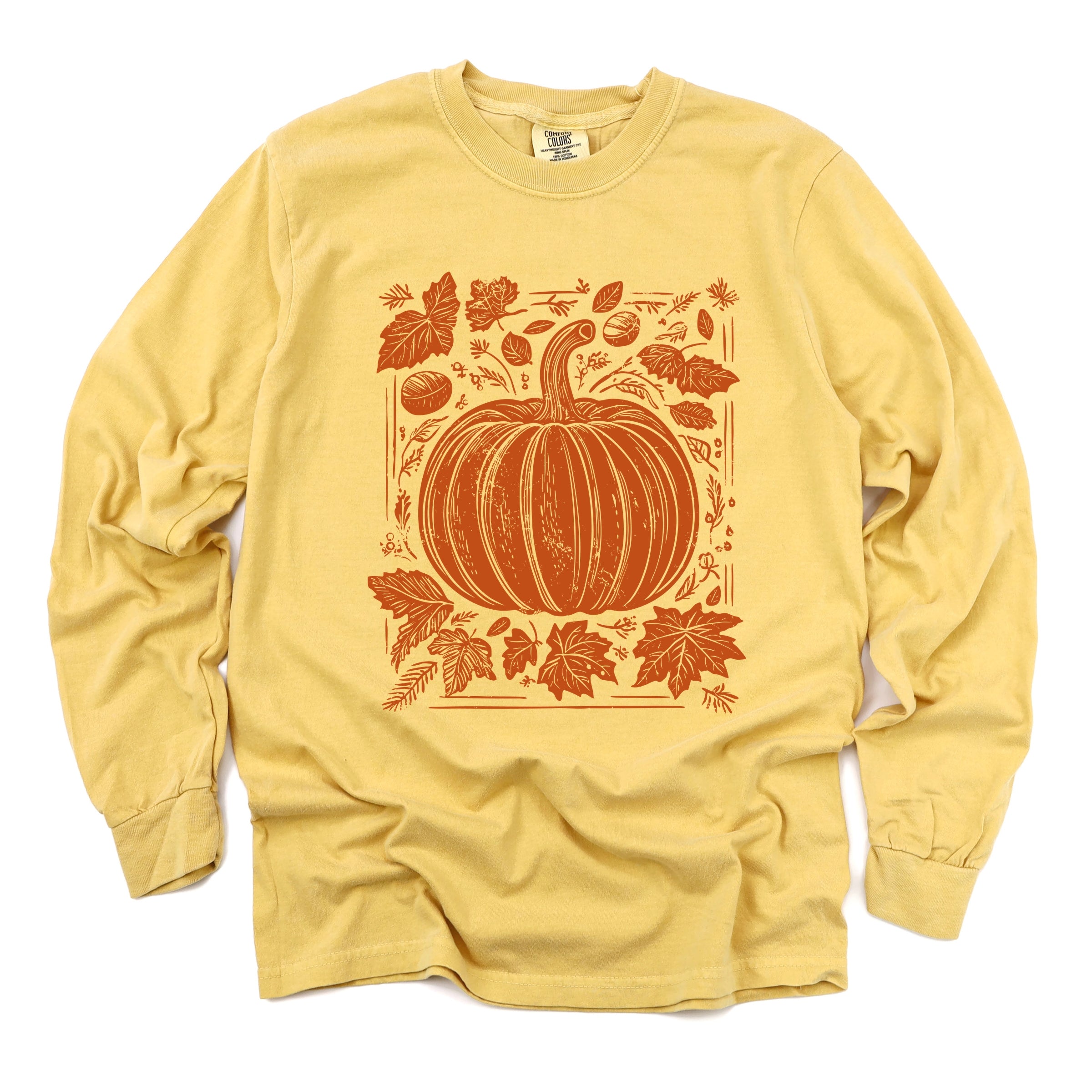 Pumpkin With Leaves Distressed - Women's Garment Dyed Long Sleeve Graphic T-Shirt