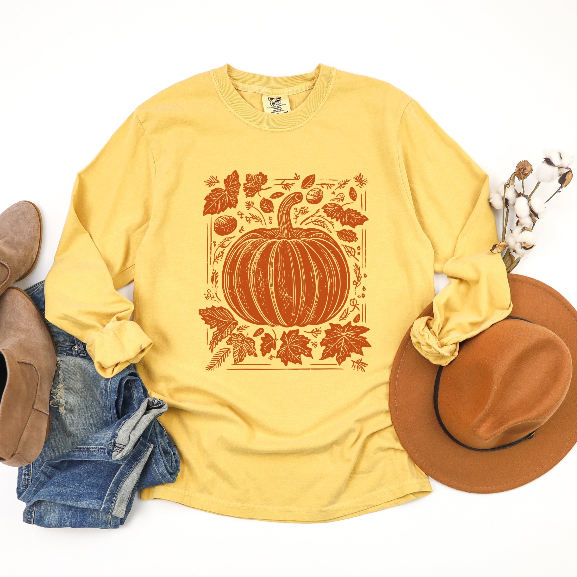Pumpkin With Leaves Distressed - Women's Garment Dyed Long Sleeve Graphic T-Shirt