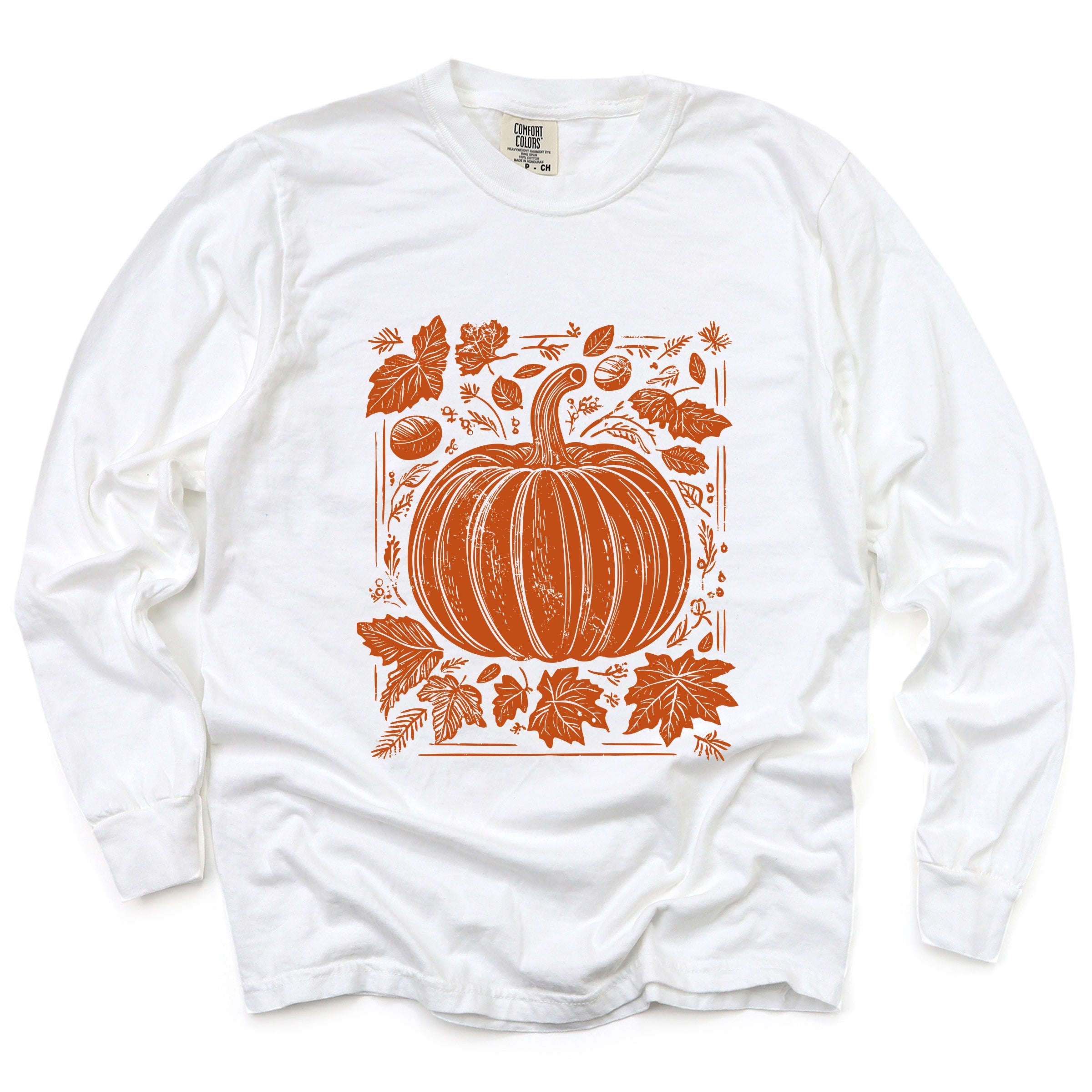 Pumpkin With Leaves Distressed - Women's Garment Dyed Long Sleeve Graphic T-Shirt