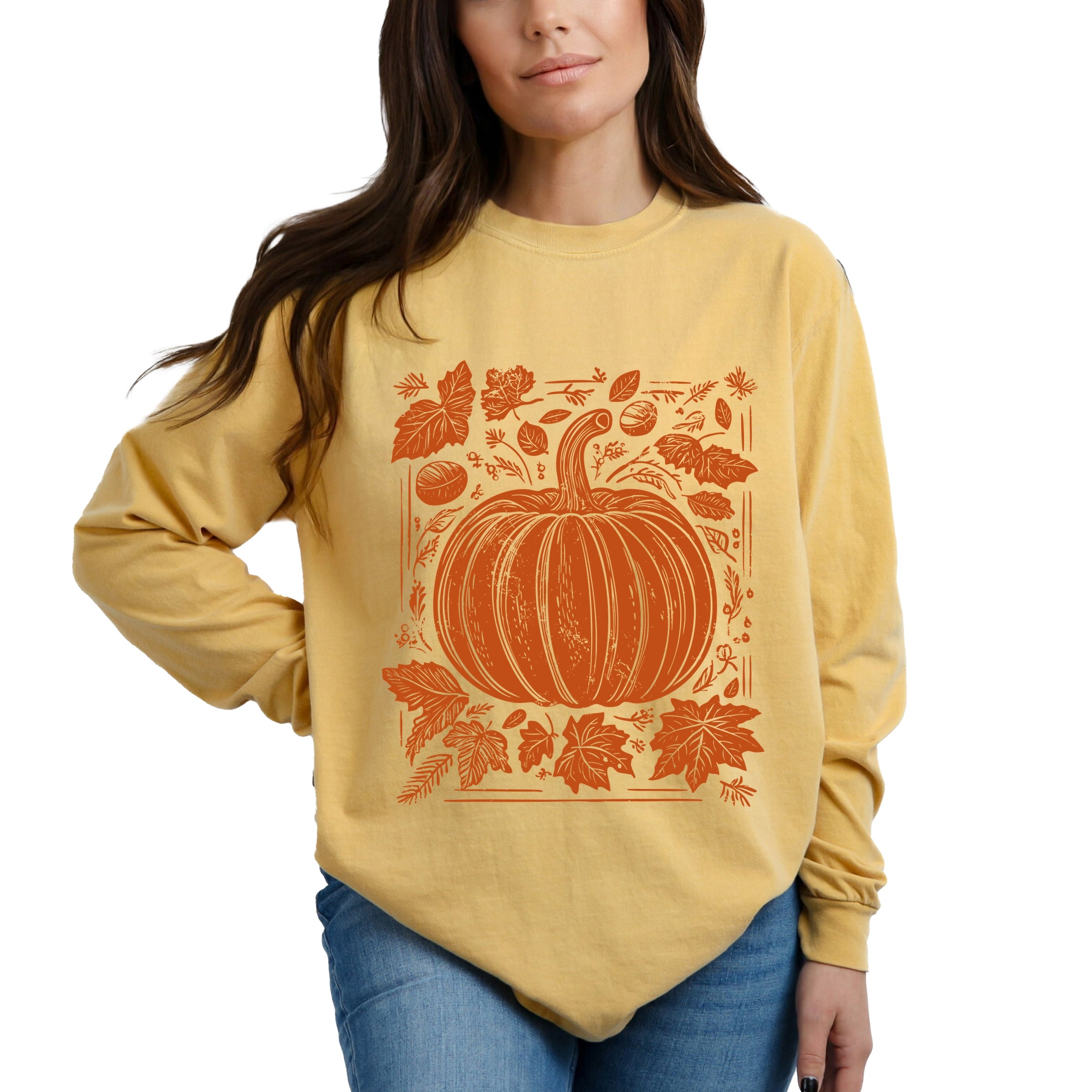 Pumpkin With Leaves Distressed - Women's Garment Dyed Long Sleeve Graphic T-Shirt