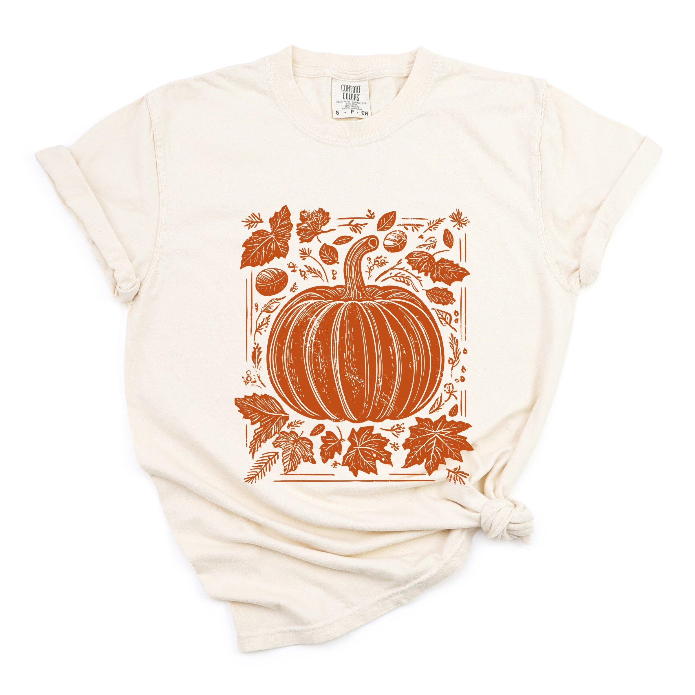 Pumpkin With Leaves Distressed - Women's Garment Dyed Graphic T-Shirt