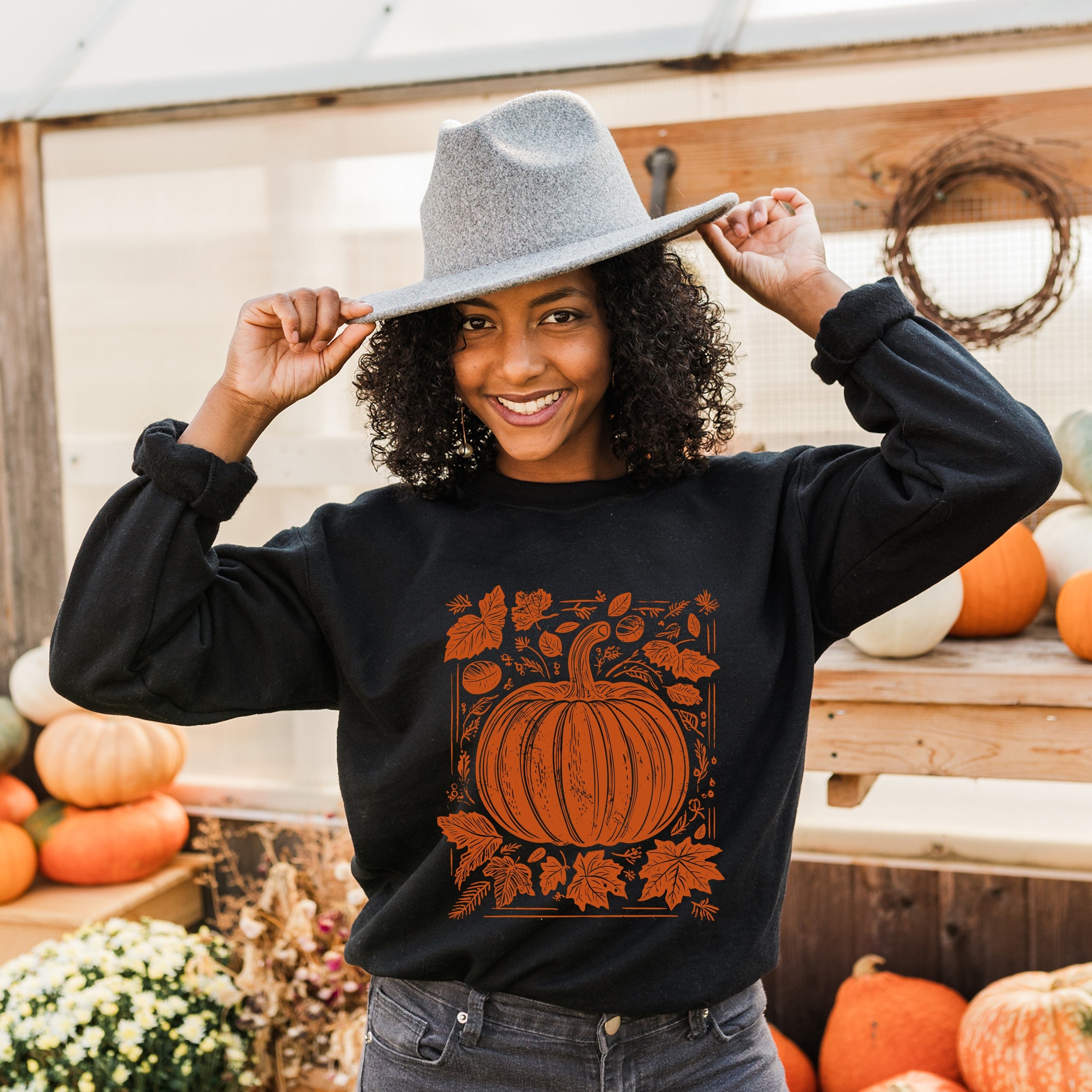 Pumpkin With Leaves Distressed - Women's Graphic Sweatshirt