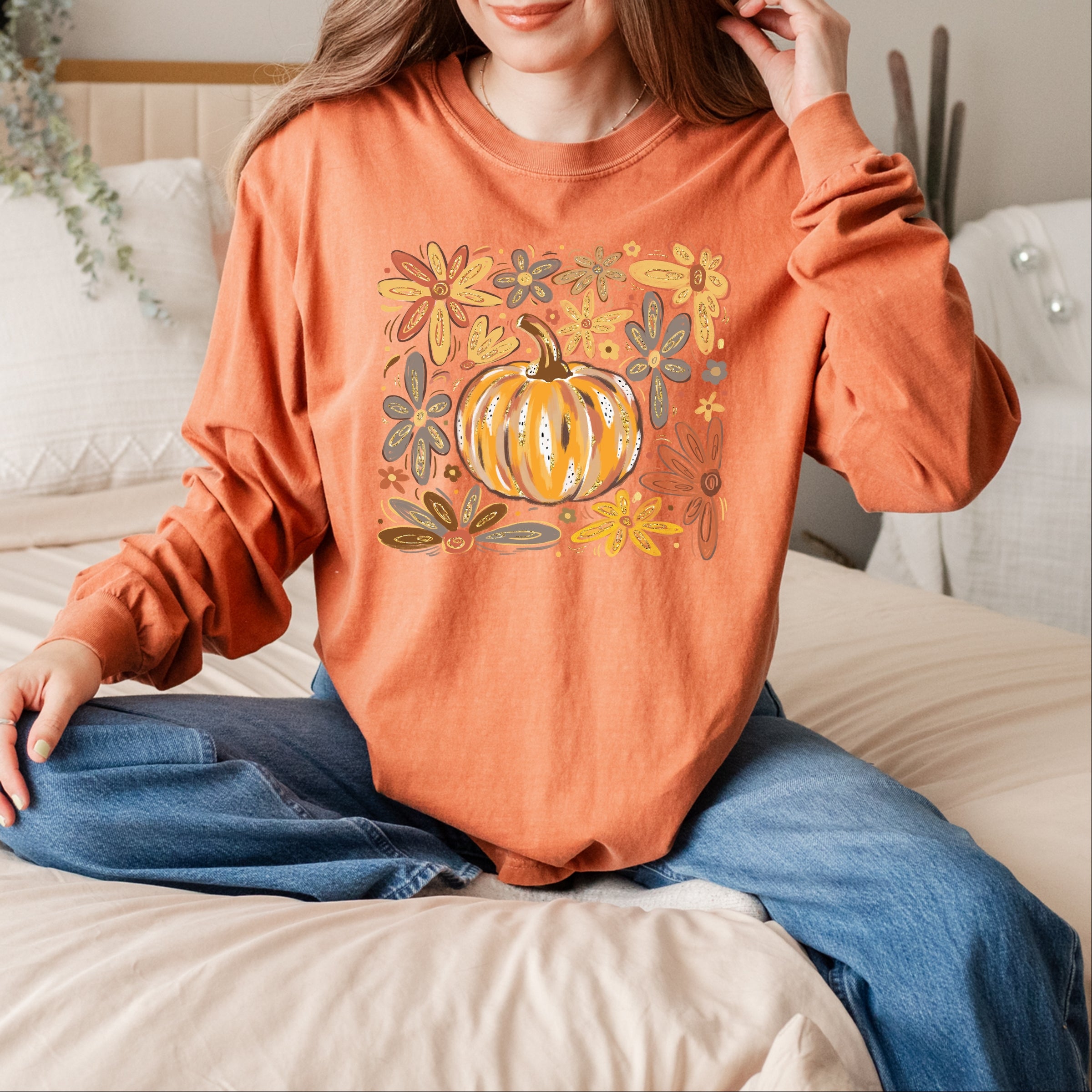 Fall Flowers And Pumpkin - Women's Garment Dyed Long Sleeve Graphic T-Shirt