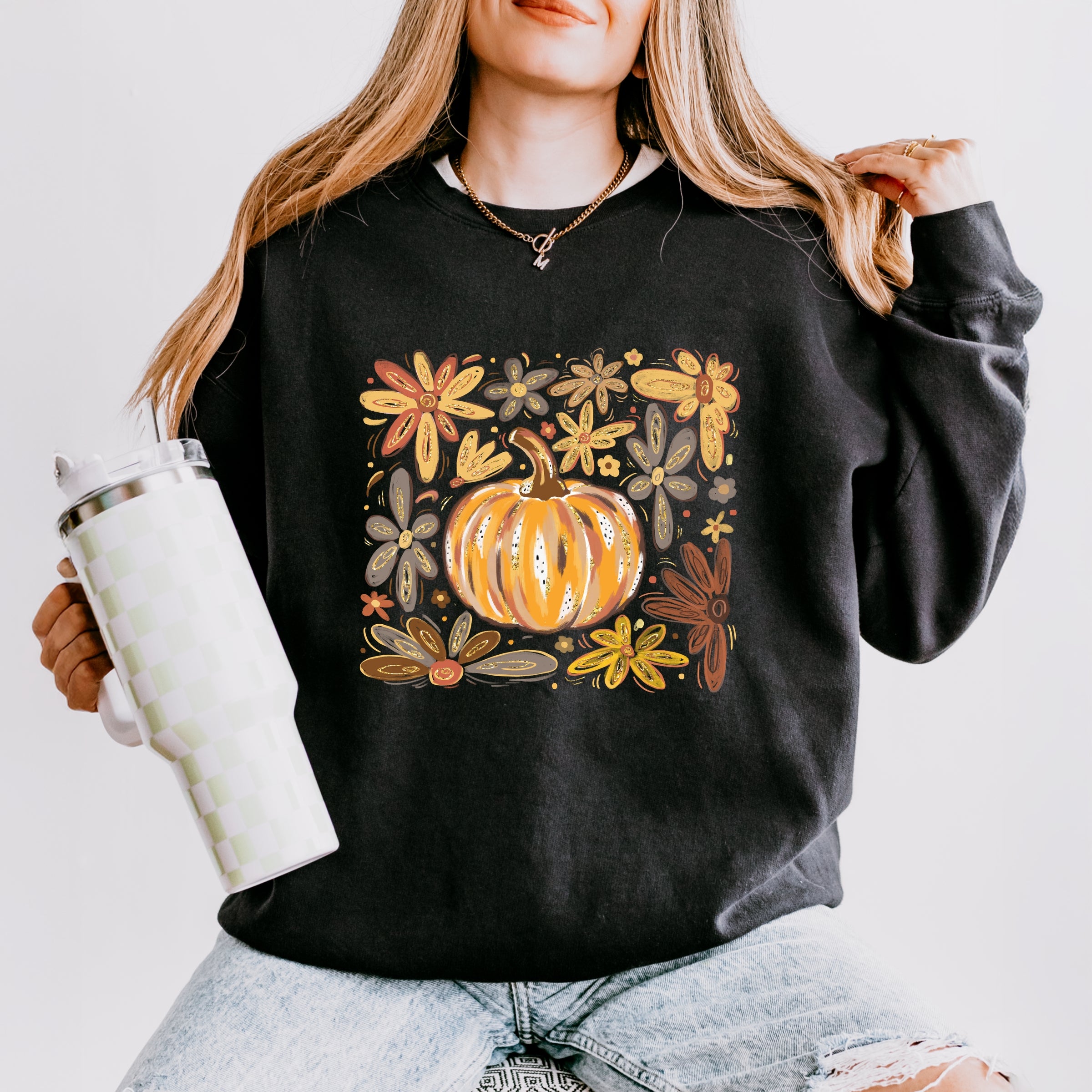 Fall Flowers And Pumpkin - Women's Lightweight Garment Dyed Sweatshirt