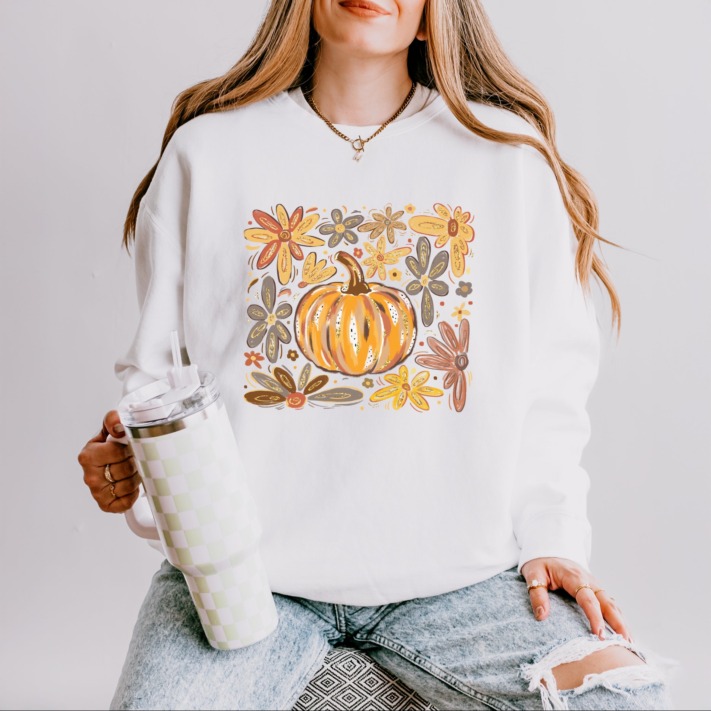 Fall Flowers And Pumpkin - Women's Lightweight Garment Dyed Sweatshirt