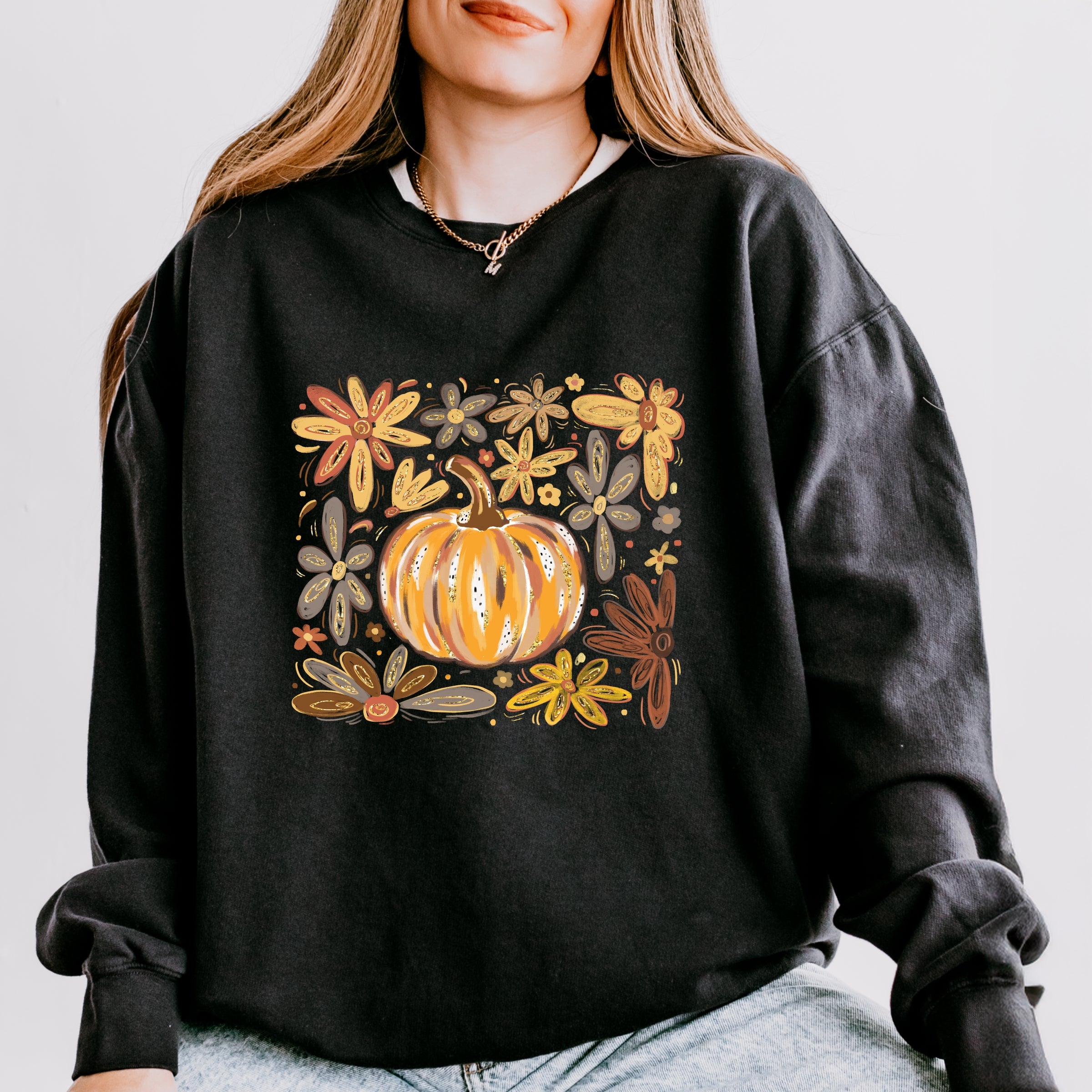 Fall Flowers And Pumpkin - Women's Lightweight Garment Dyed Sweatshirt