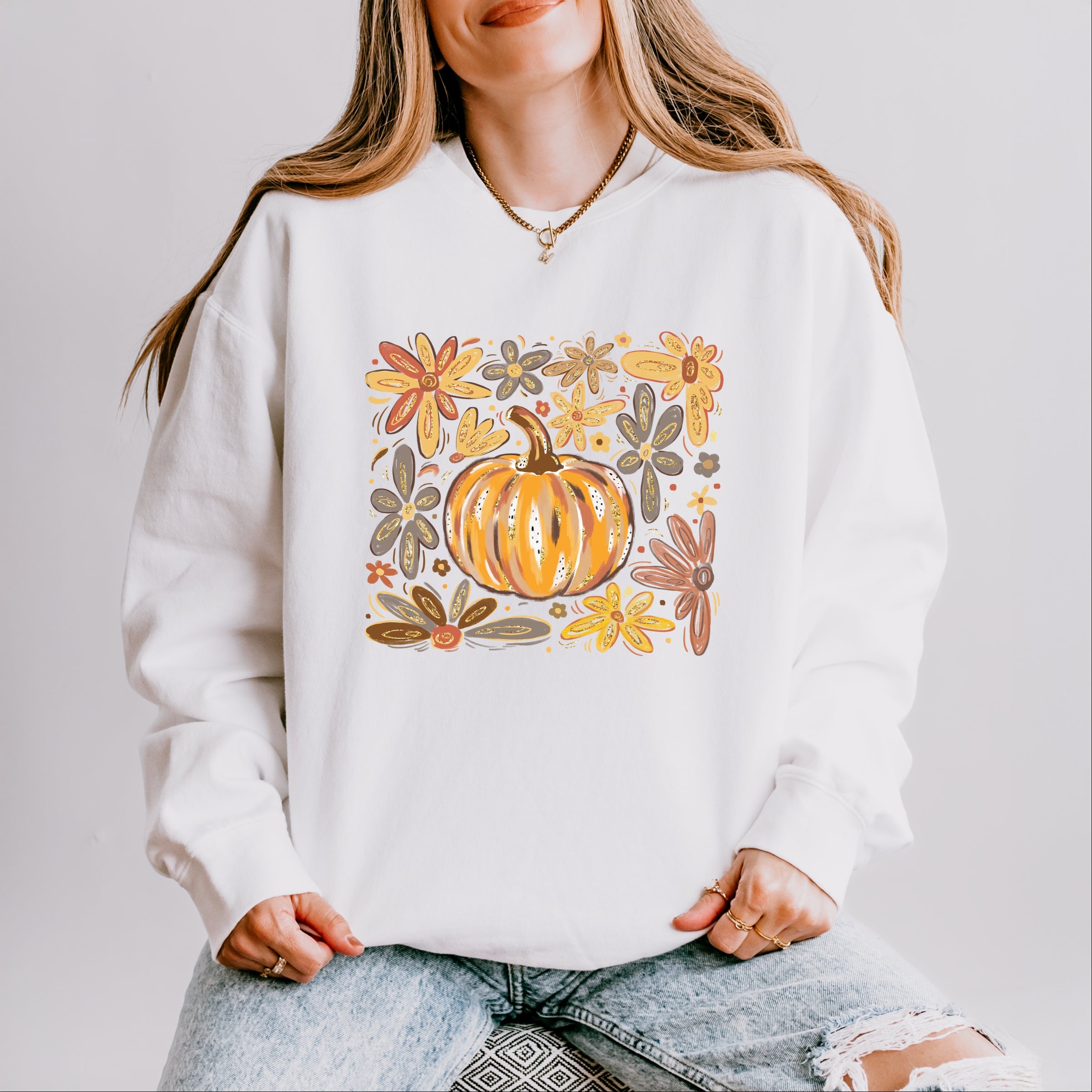 Fall Flowers And Pumpkin - Women's Lightweight Garment Dyed Sweatshirt