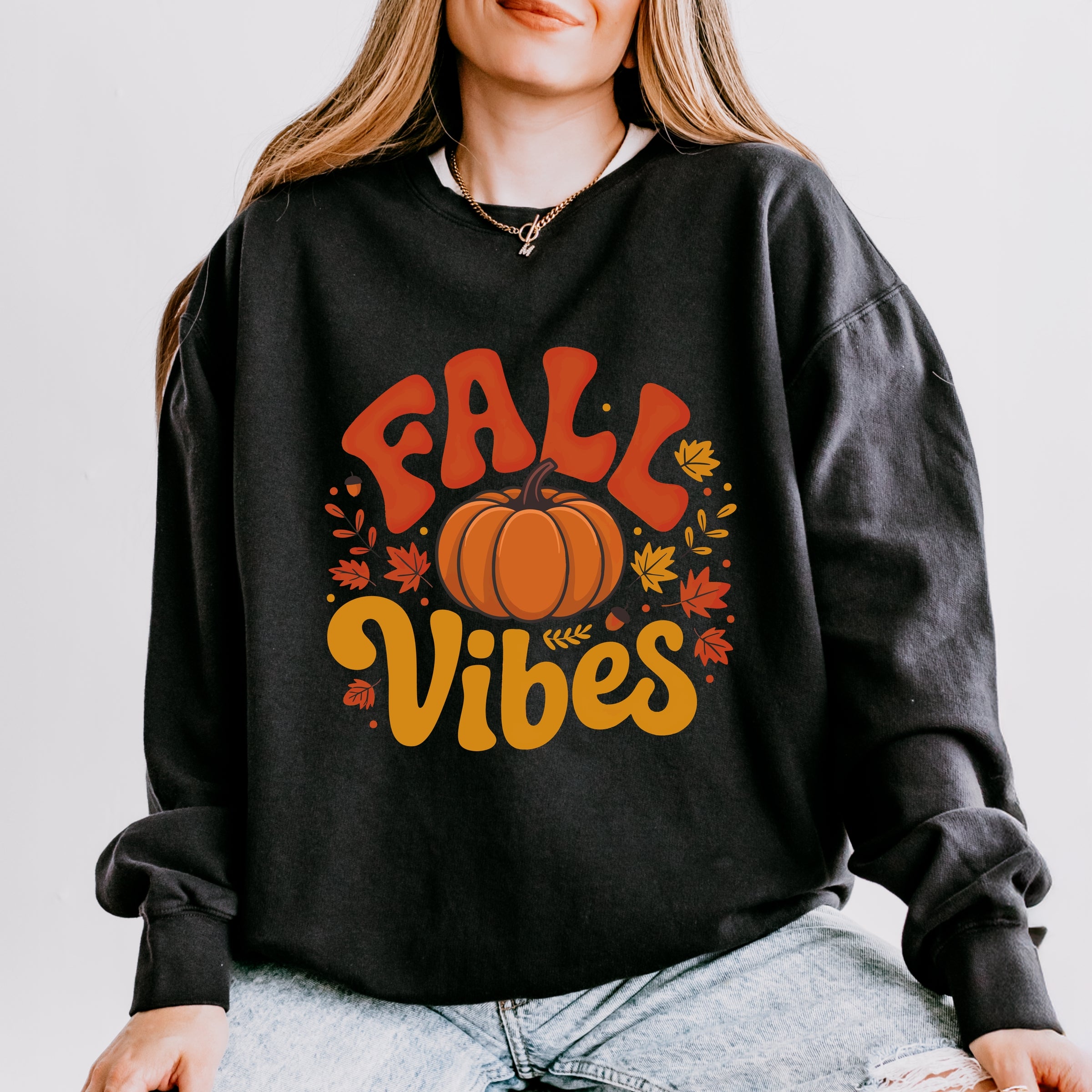 Fall Vibes Pumpkin And Leaves - Women's Lightweight Garment Dyed Sweatshirt