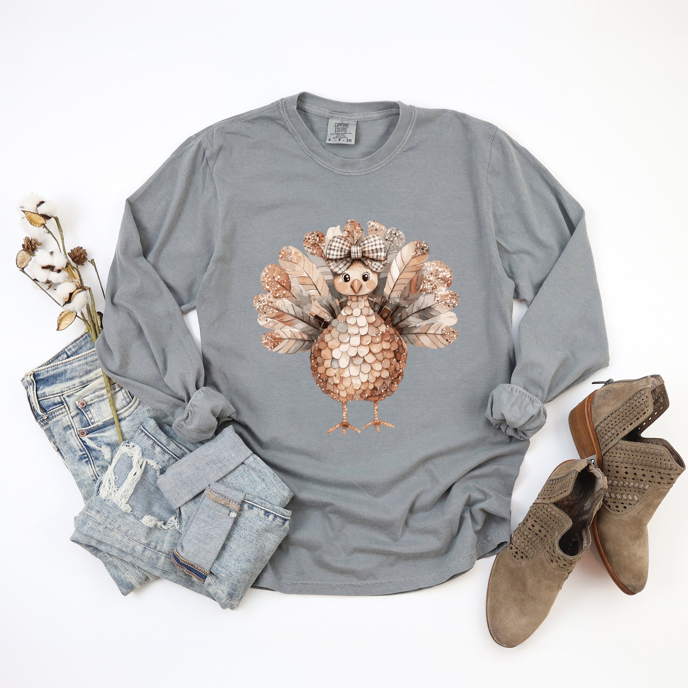 Sparkle Turkey - Women's Garment Dyed Long Sleeve Graphic T-Shirt