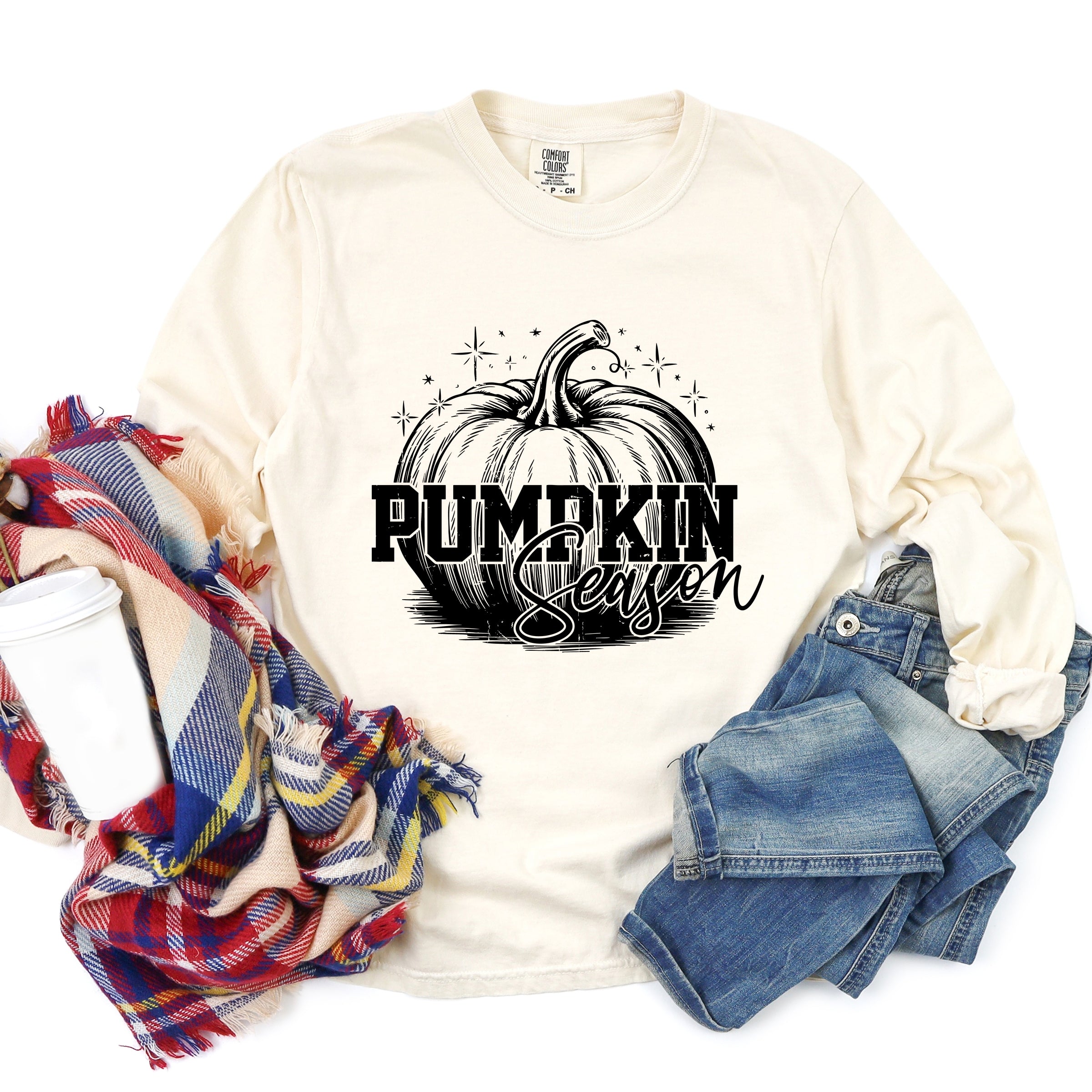 Pumpkin Season Sparkles Distressed - Women's Garment Dyed Long Sleeve Graphic T-Shirt