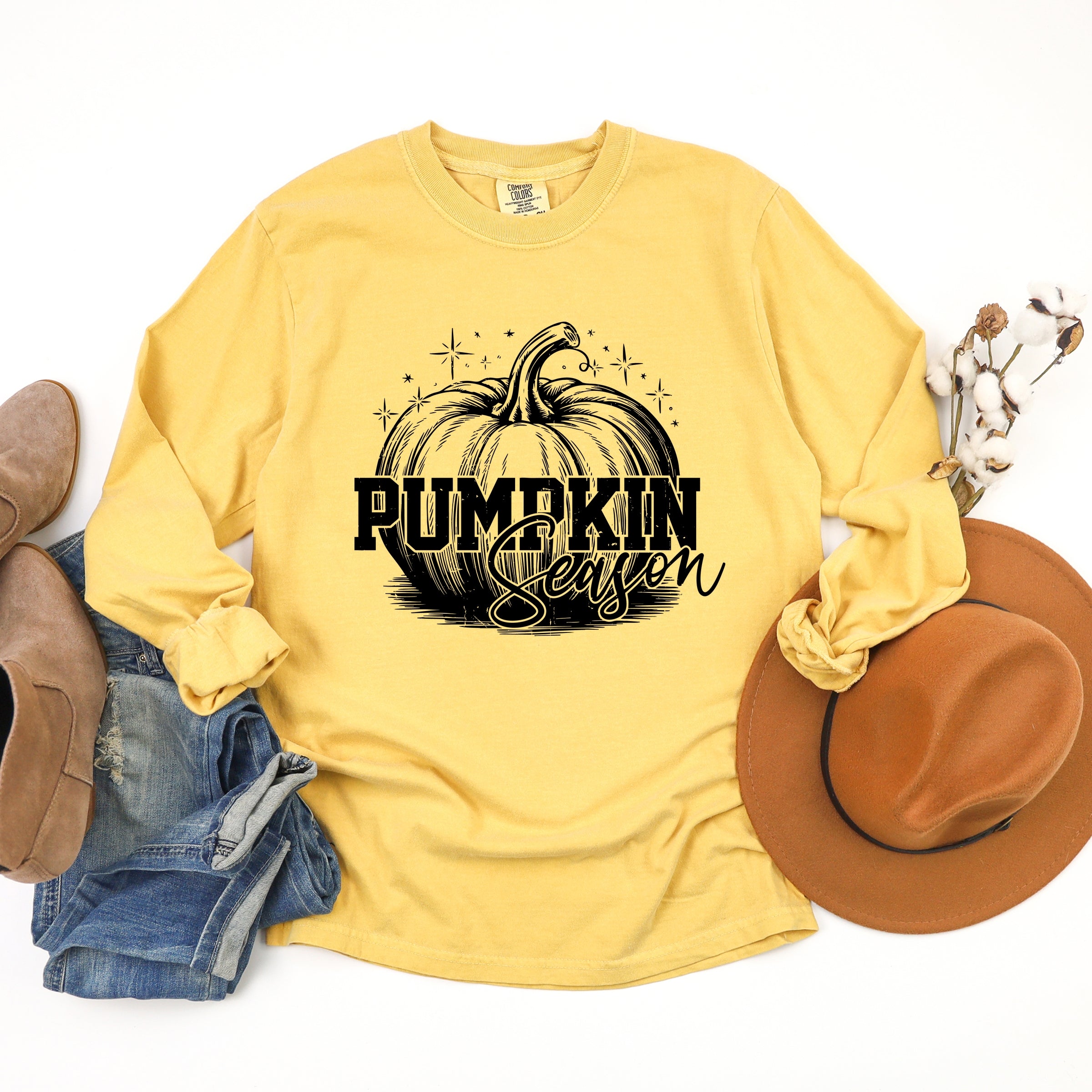 Pumpkin Season Sparkles Distressed - Women's Garment Dyed Long Sleeve Graphic T-Shirt