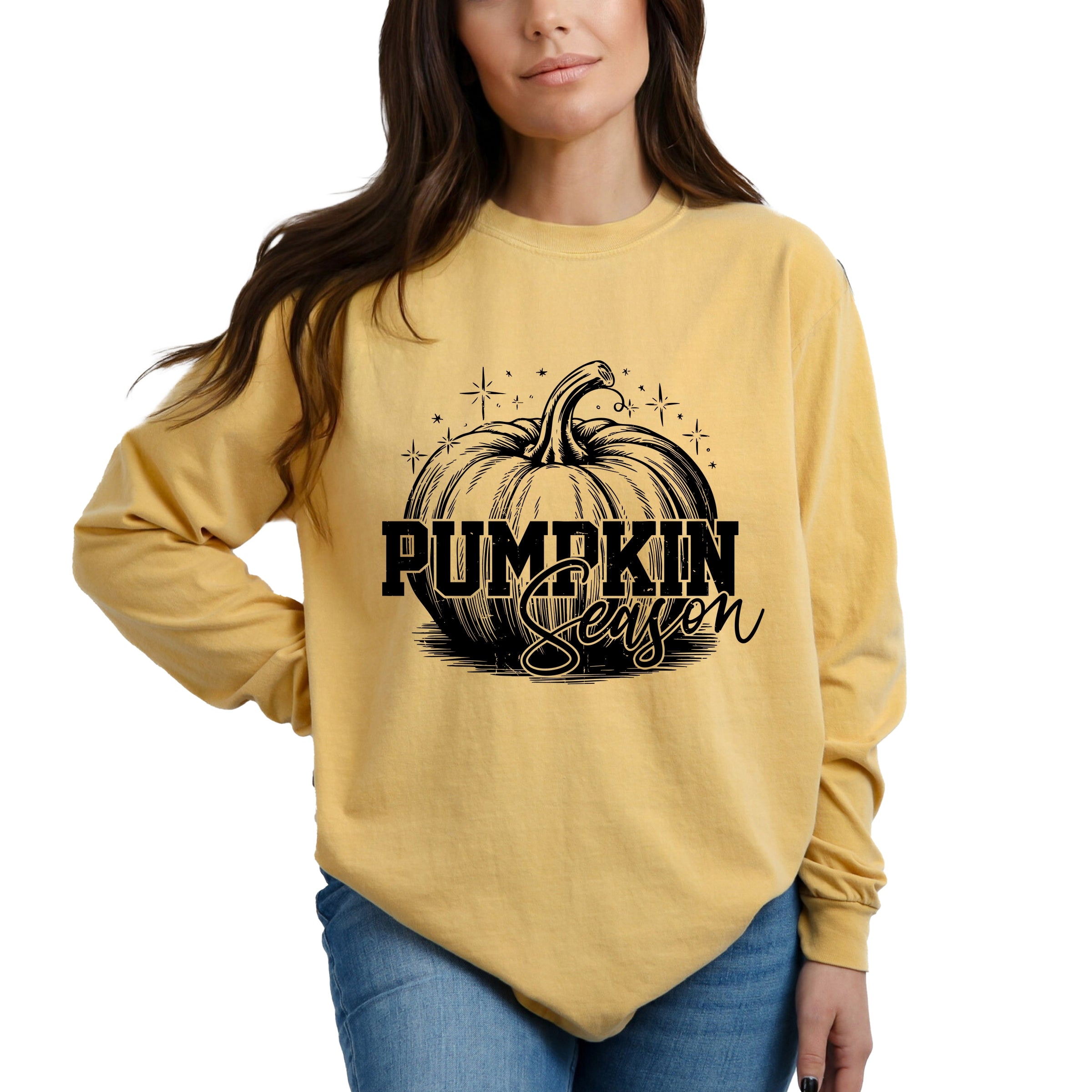 Pumpkin Season Sparkles Distressed - Women's Garment Dyed Long Sleeve Graphic T-Shirt