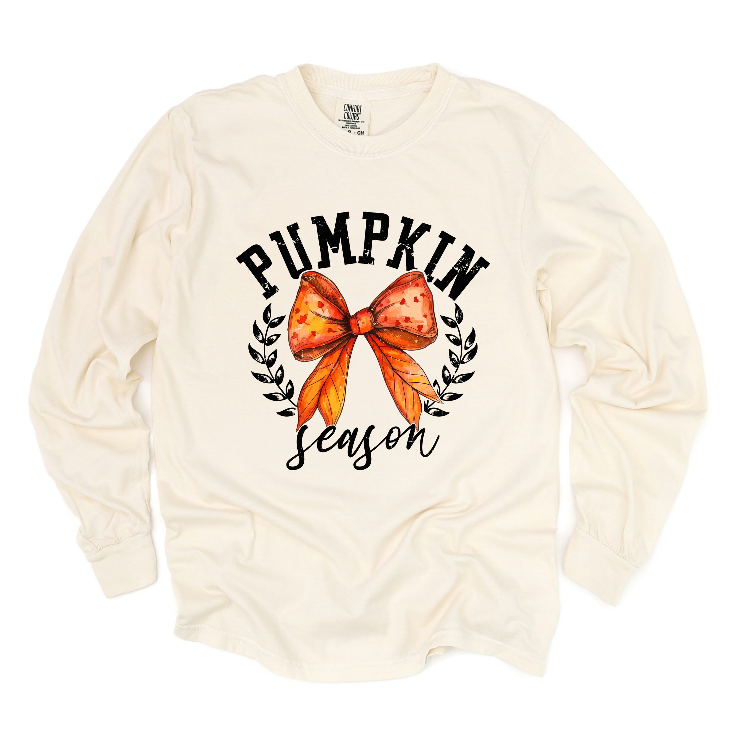 Coquette Orange Bow Pumpkin Season - Women's Garment Dyed Long Sleeve Graphic T-Shirt