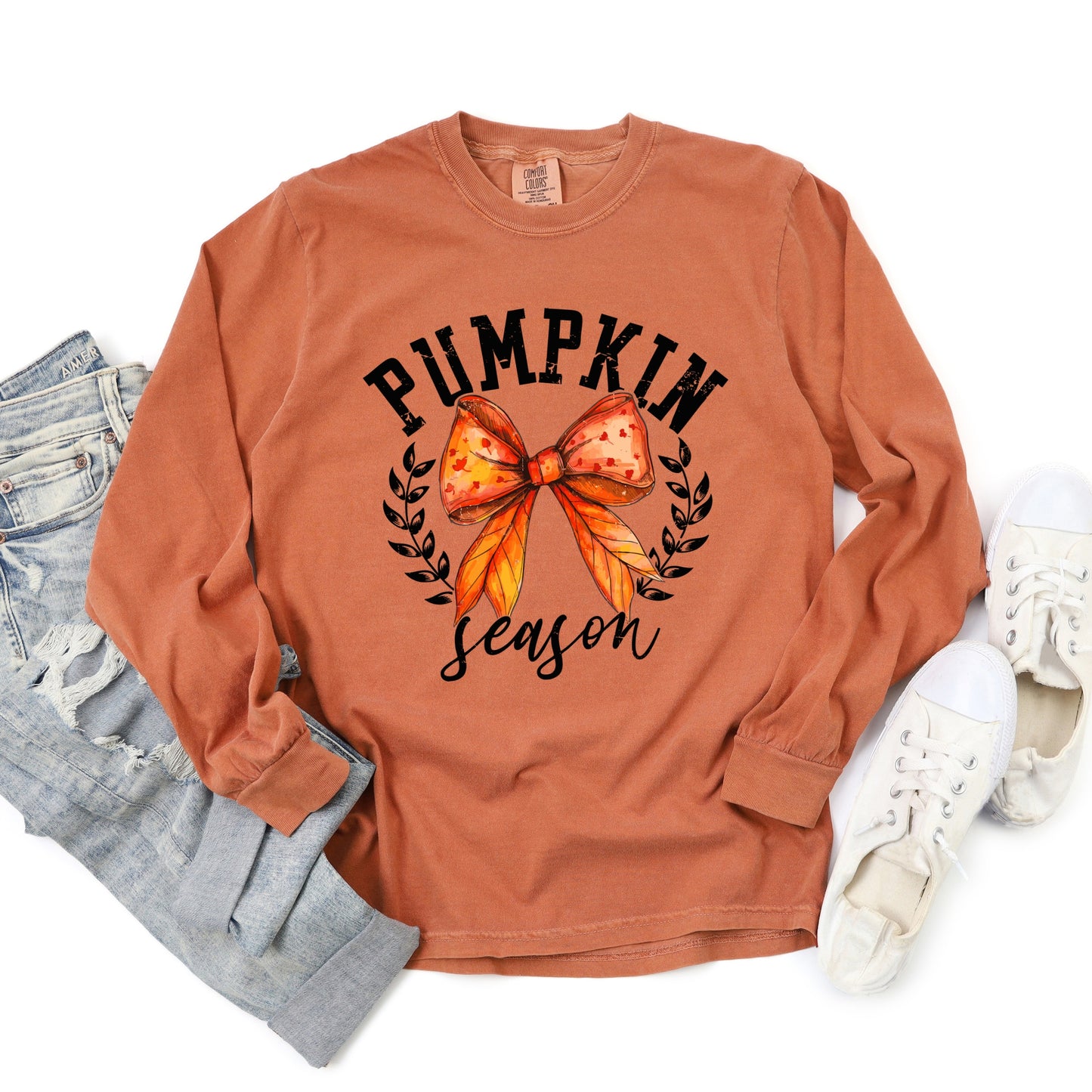 Coquette Orange Bow Pumpkin Season - Women's Garment Dyed Long Sleeve Graphic T-Shirt