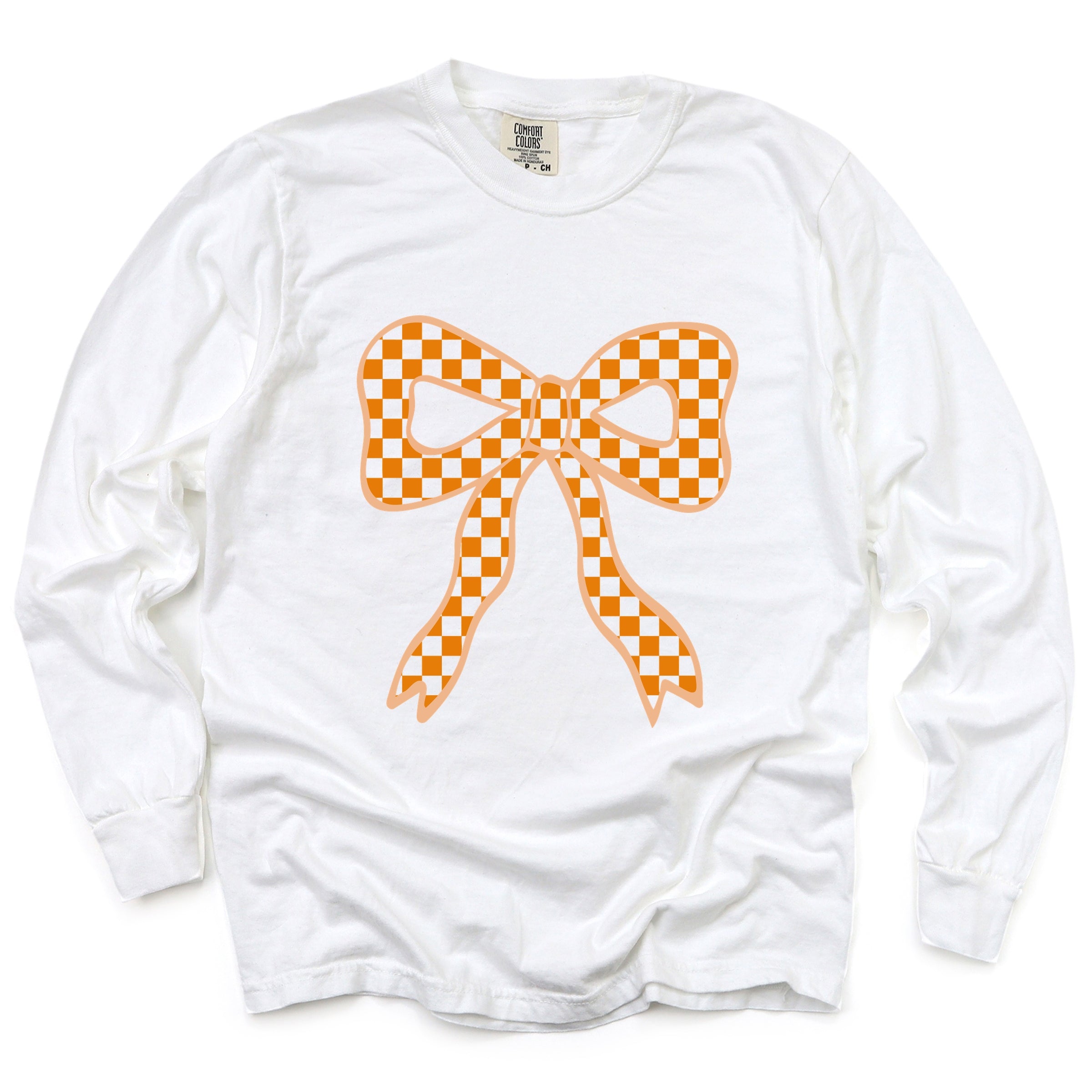 Coquette Orange Checker Bow - Women's Garment Dyed Long Sleeve Graphic T-Shirt