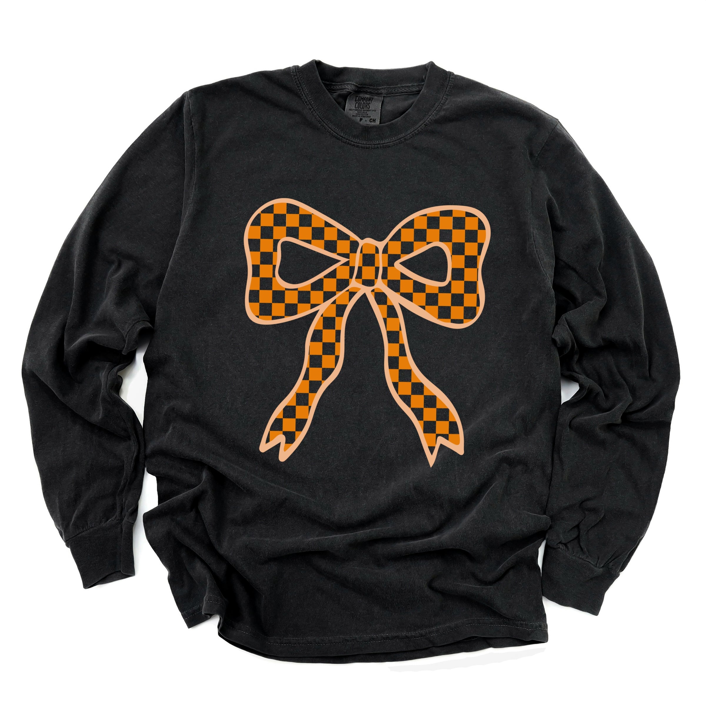 Coquette Orange Checker Bow - Women's Garment Dyed Long Sleeve Graphic T-Shirt