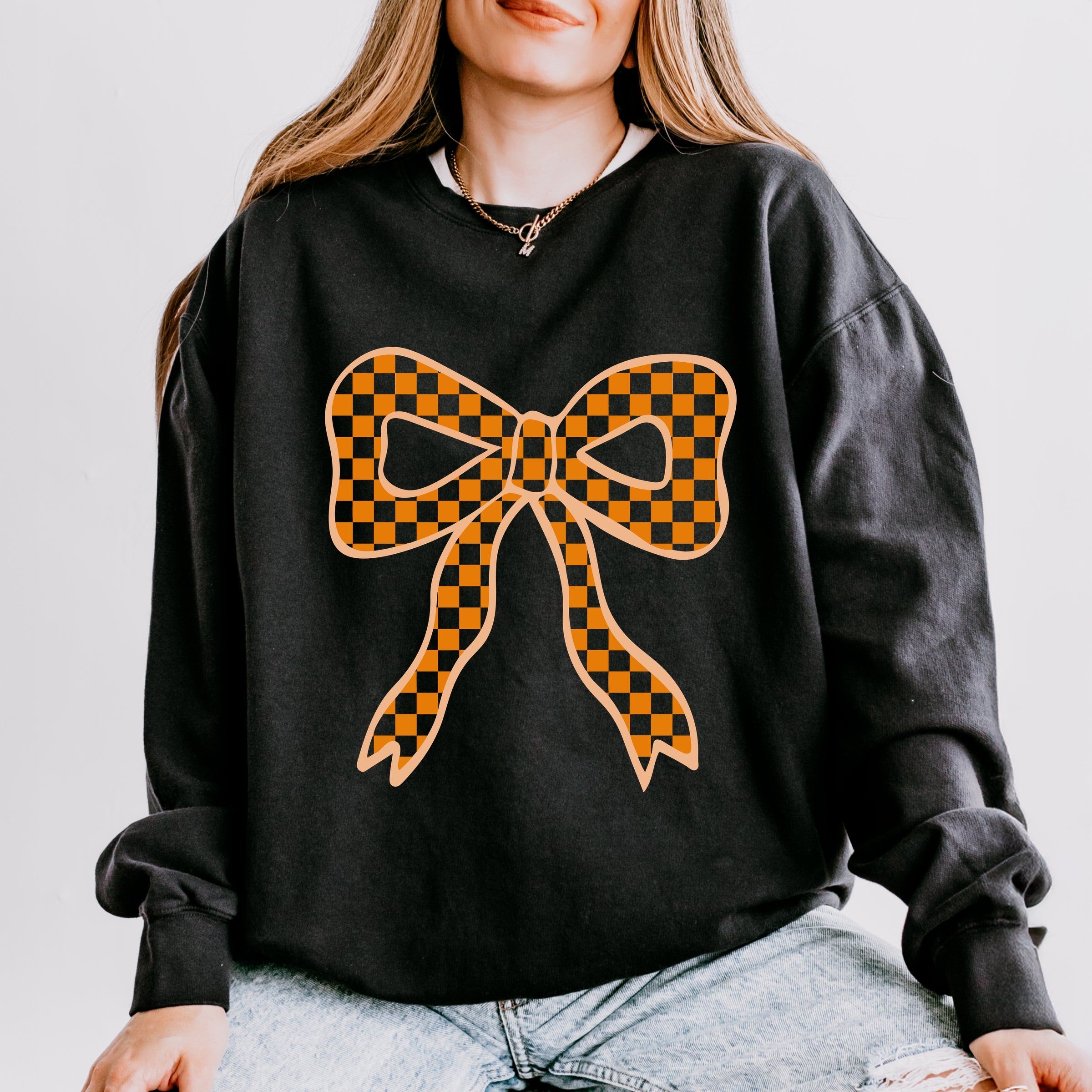 Coquette Orange Checker Bow - Women's Lightweight Garment Dyed Sweatshirt