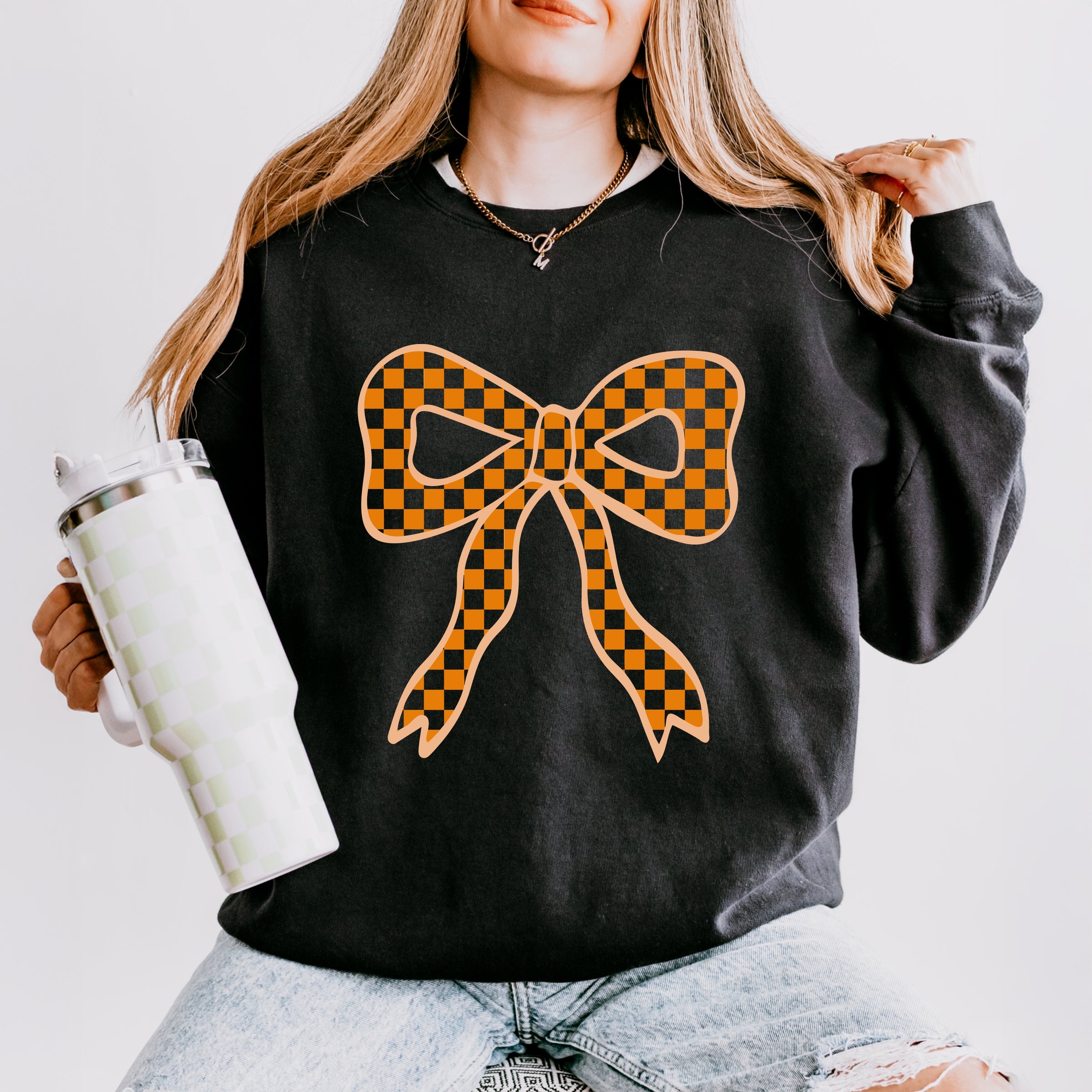 Coquette Orange Checker Bow - Women's Lightweight Garment Dyed Sweatshirt