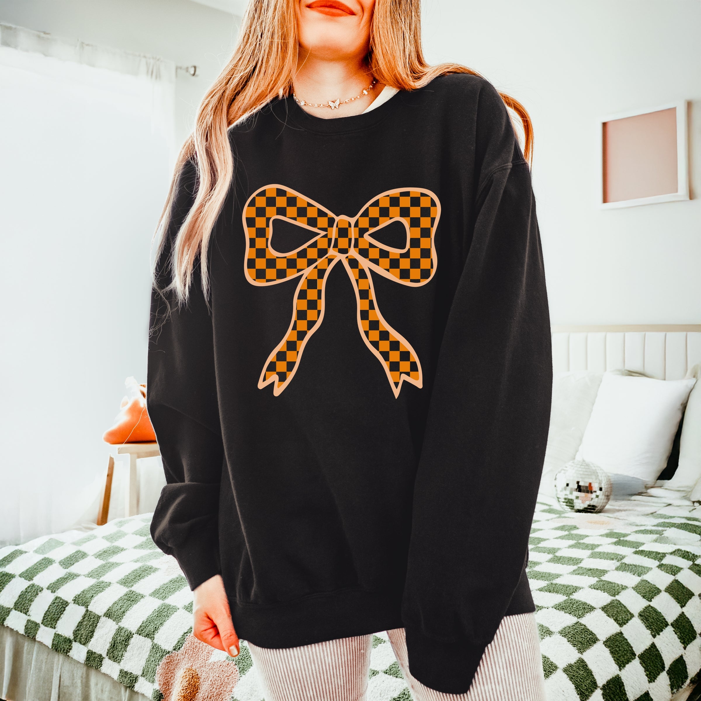Coquette Orange Checker Bow - Women's Lightweight Garment Dyed Sweatshirt