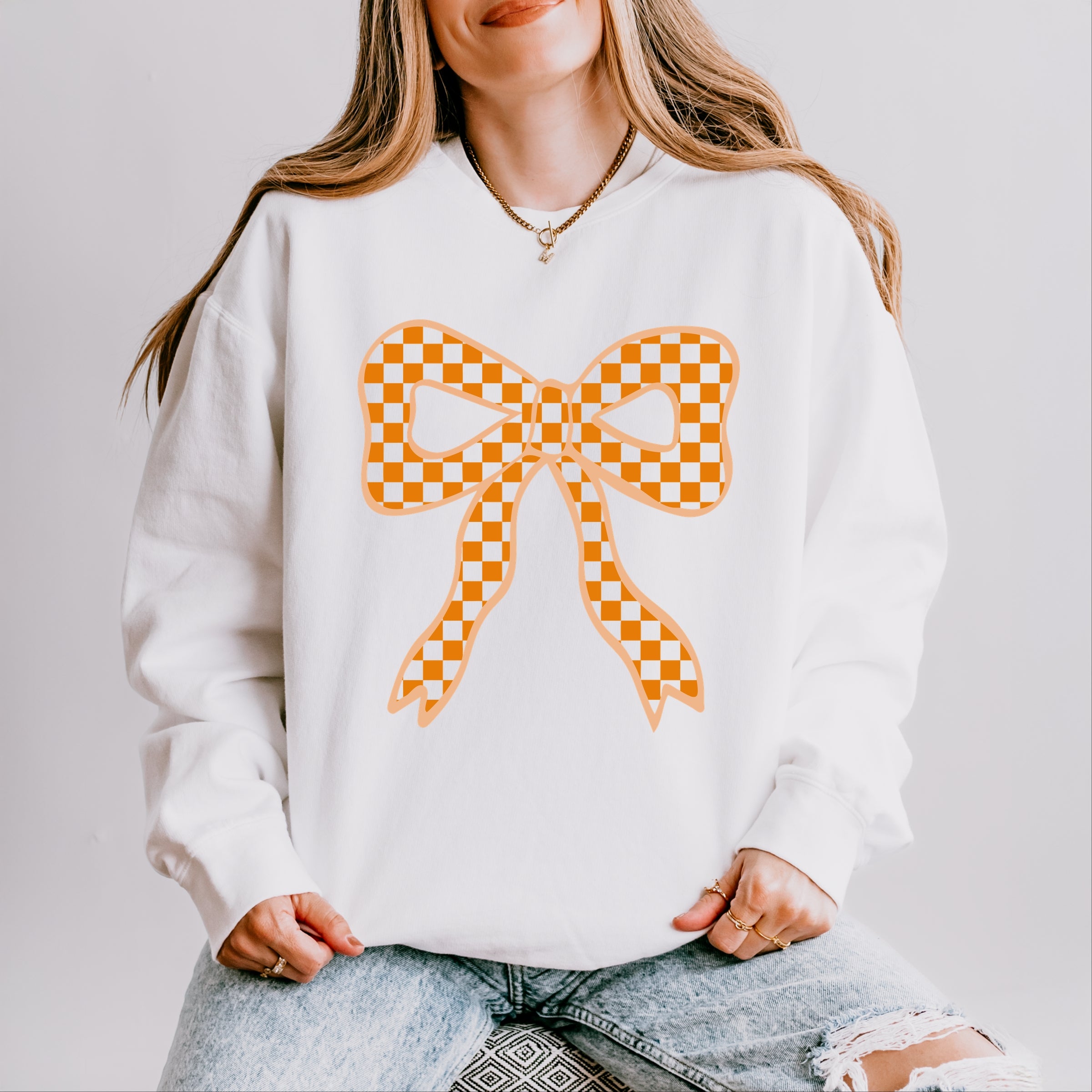 Coquette Orange Checker Bow - Women's Lightweight Garment Dyed Sweatshirt