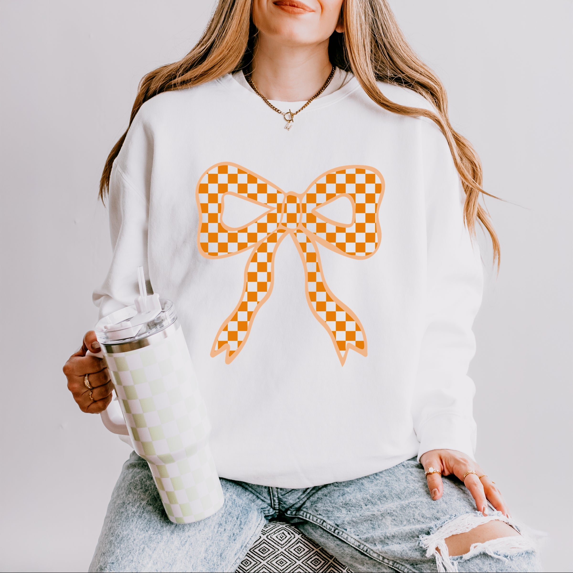 Coquette Orange Checker Bow - Women's Lightweight Garment Dyed Sweatshirt
