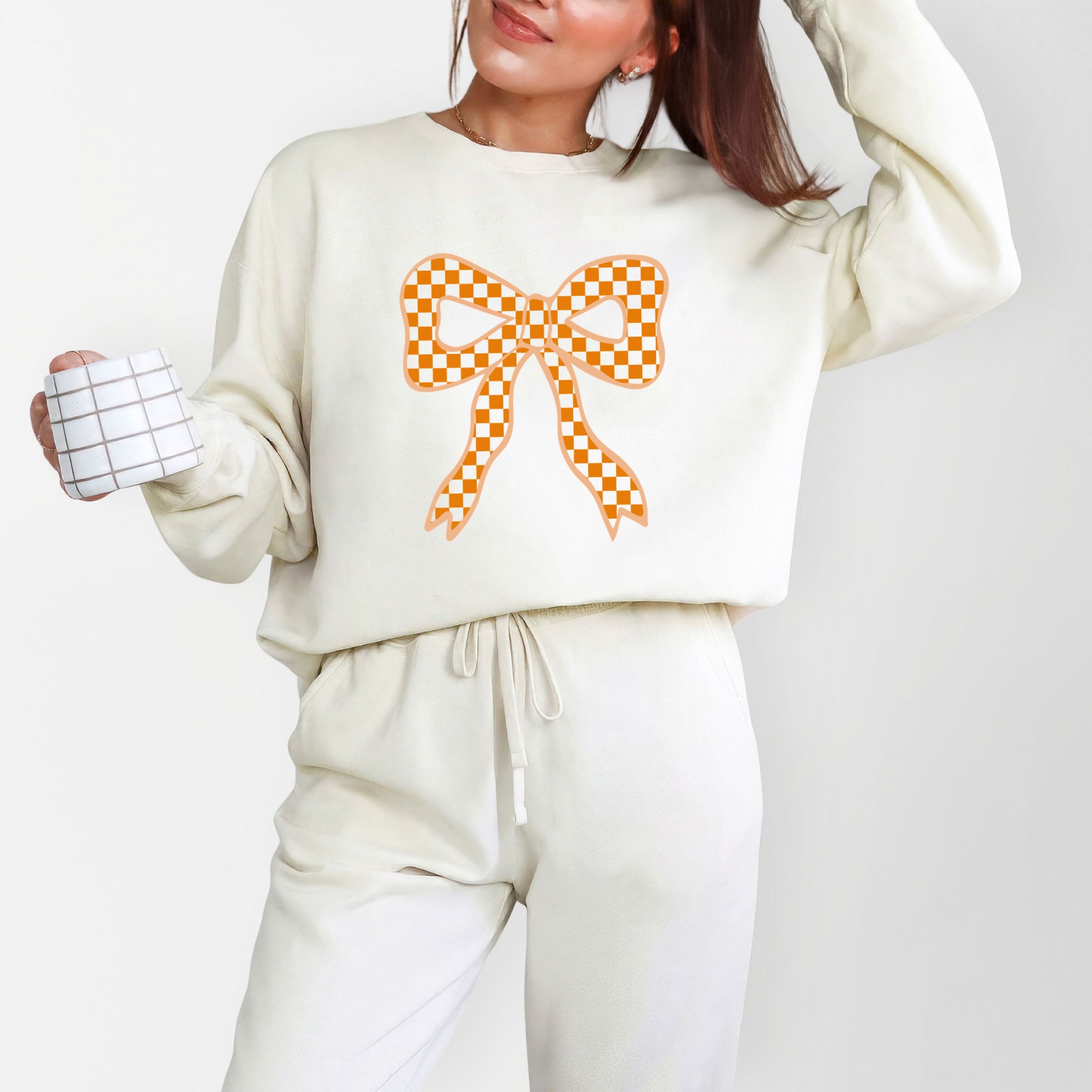 Coquette Orange Checker Bow - Women's Lightweight Garment Dyed Sweatshirt