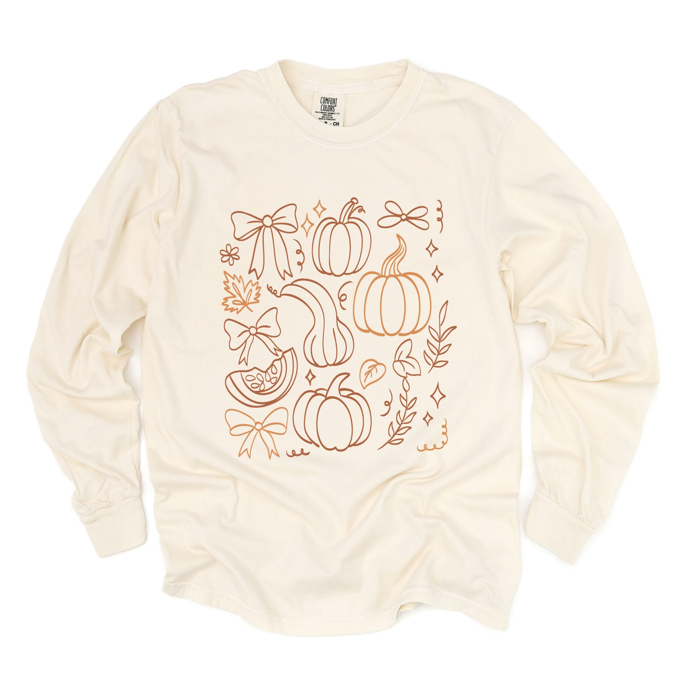 Coquette Pumpkin And Leaves Outline - Women's Garment Dyed Long Sleeve Graphic T-Shirt
