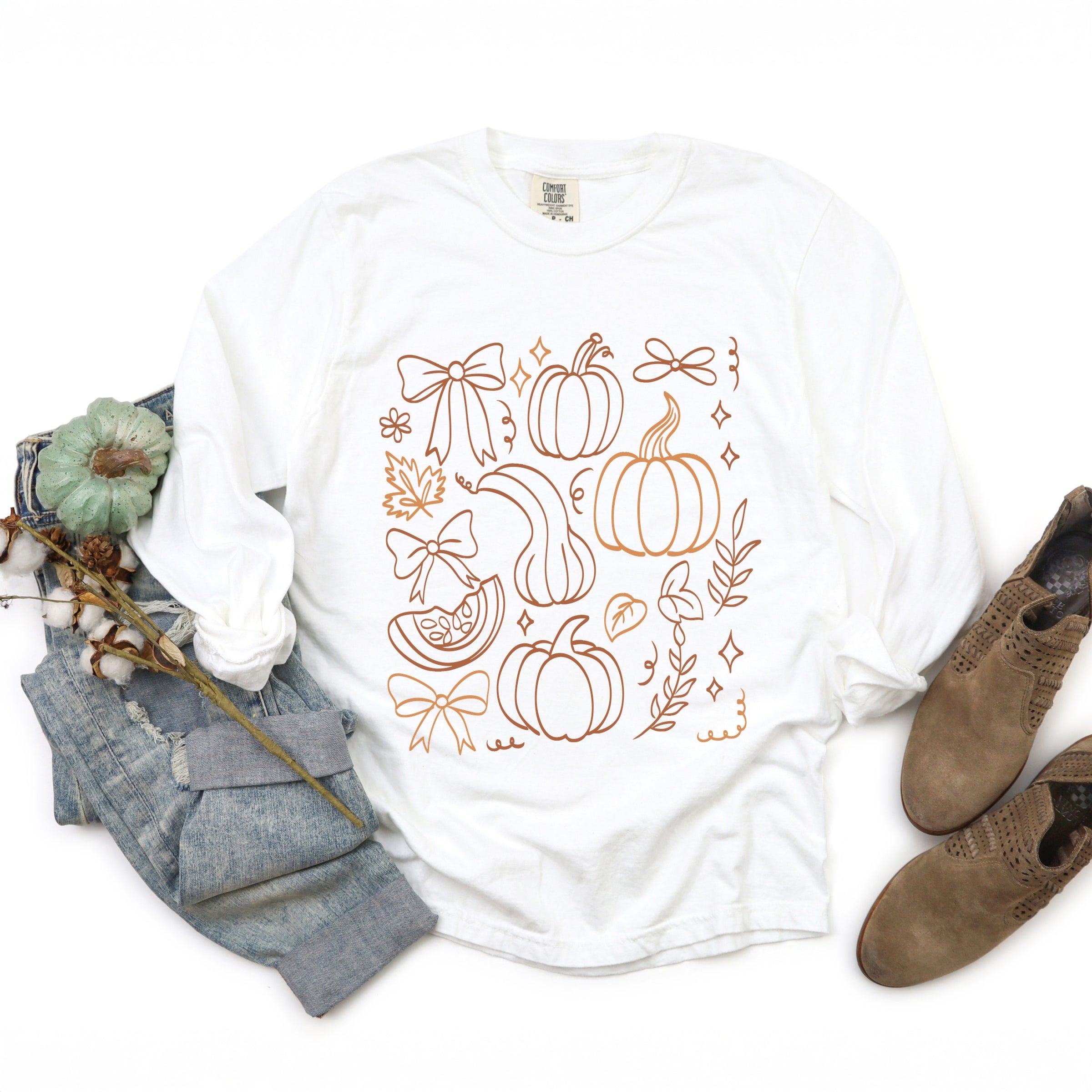Coquette Pumpkin And Leaves Outline - Women's Garment Dyed Long Sleeve Graphic T-Shirt