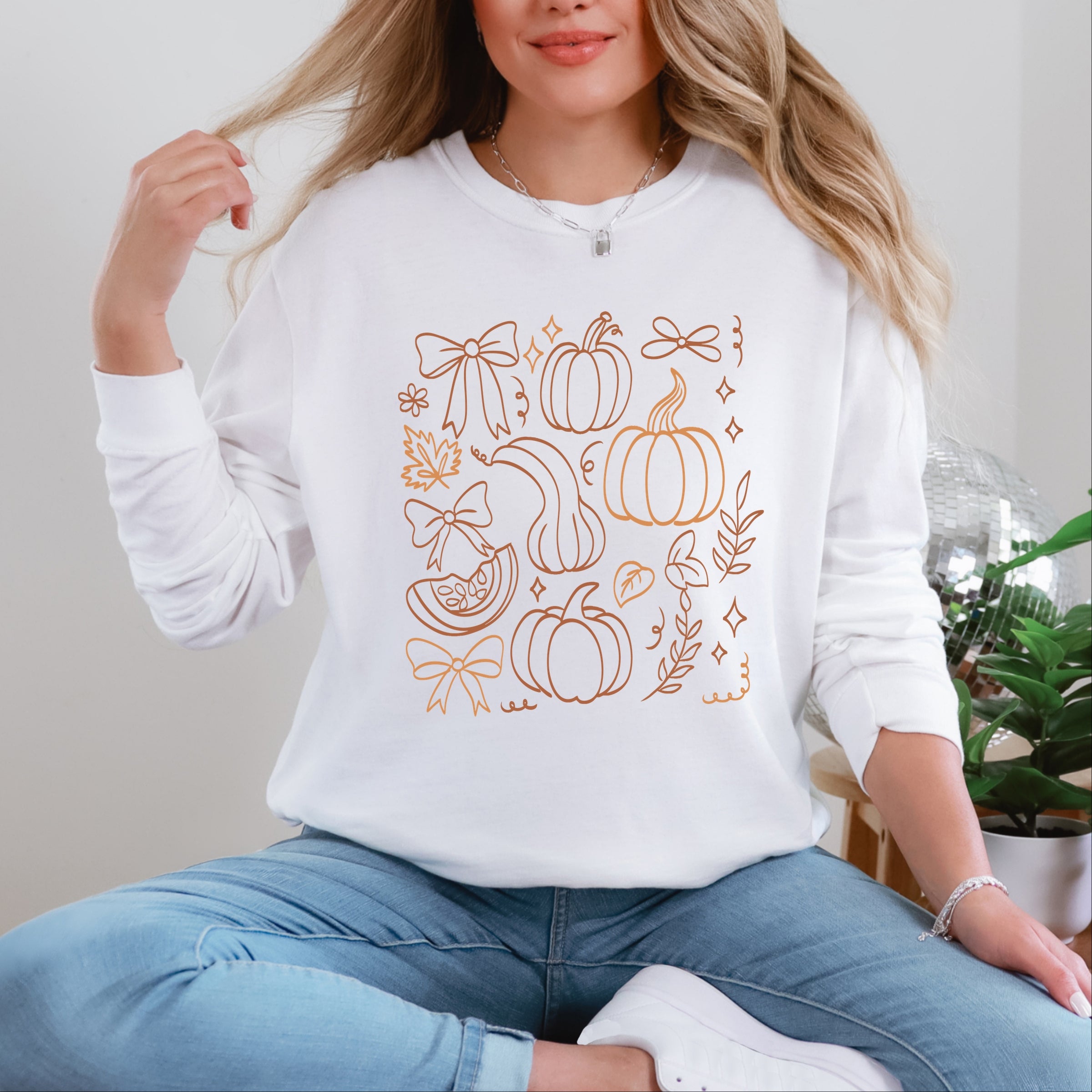 Coquette Pumpkin And Leaves Outline - Women's Garment Dyed Long Sleeve Graphic T-Shirt