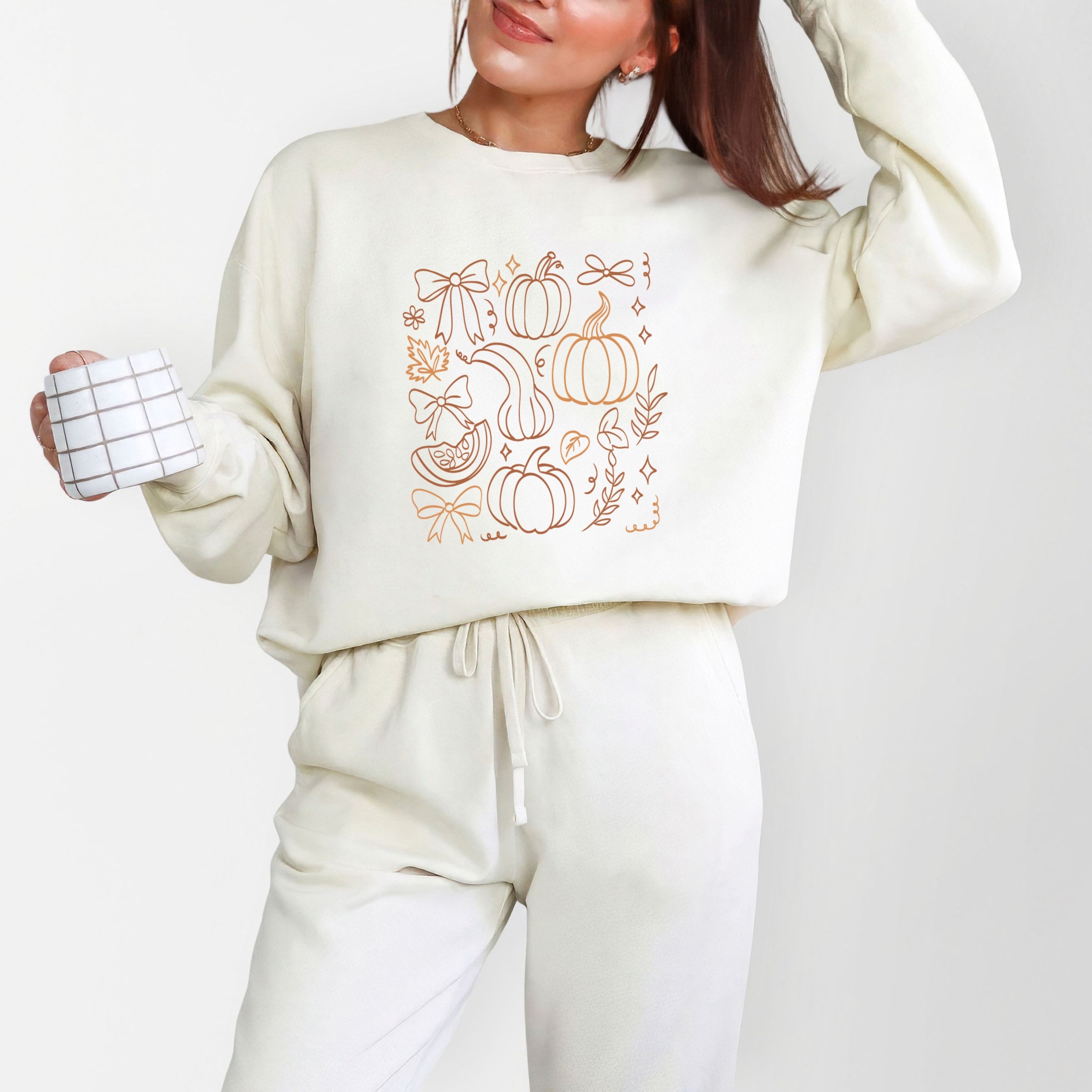 Coquette Pumpkin And Leaves Outline - Women's Lightweight Garment Dyed Sweatshirt