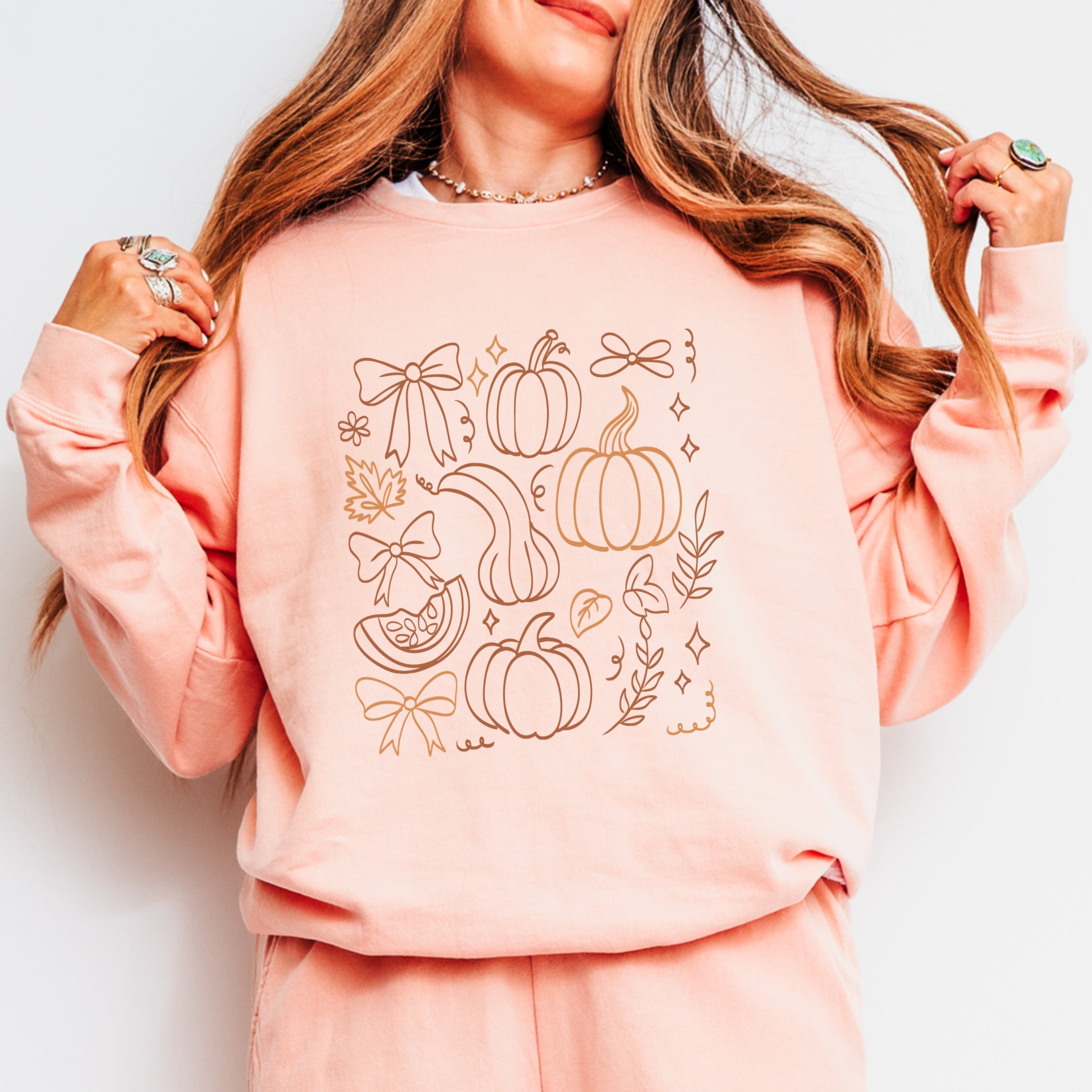 Coquette Pumpkin And Leaves Outline - Women's Lightweight Garment Dyed Sweatshirt