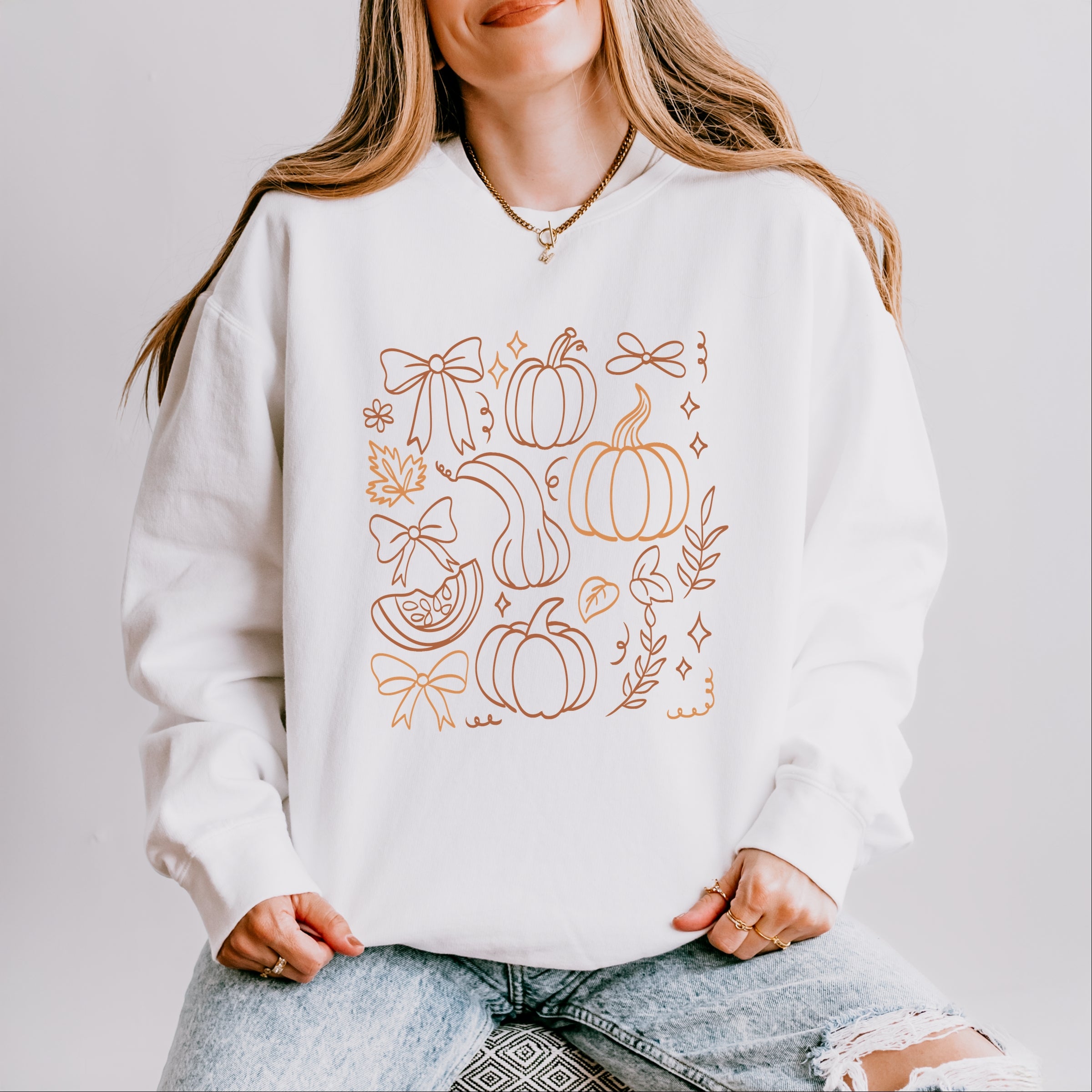 Coquette Pumpkin And Leaves Outline - Women's Lightweight Garment Dyed Sweatshirt
