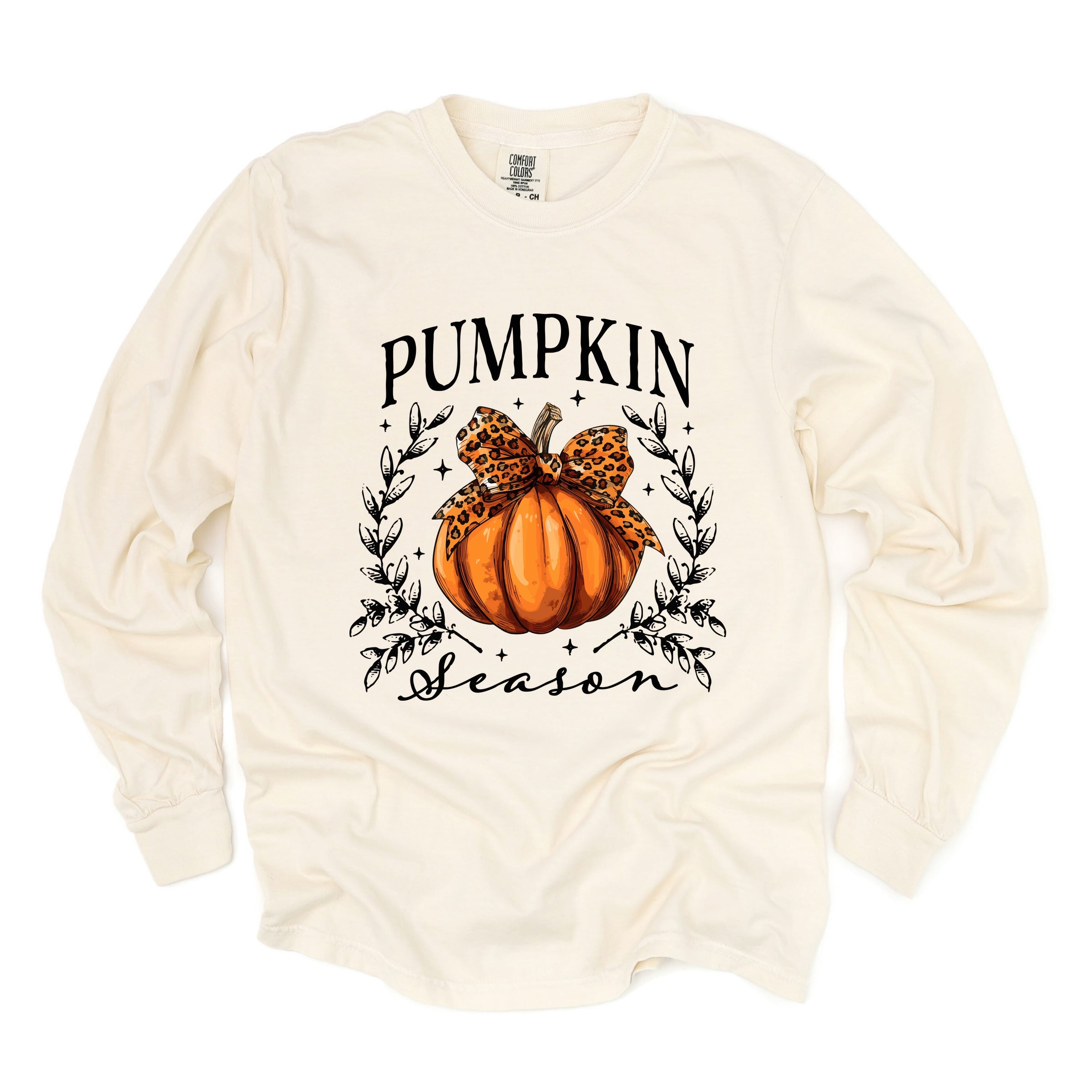 Pumpkin Season Leopard Bow - Women's Garment Dyed Long Sleeve Graphic T-Shirt