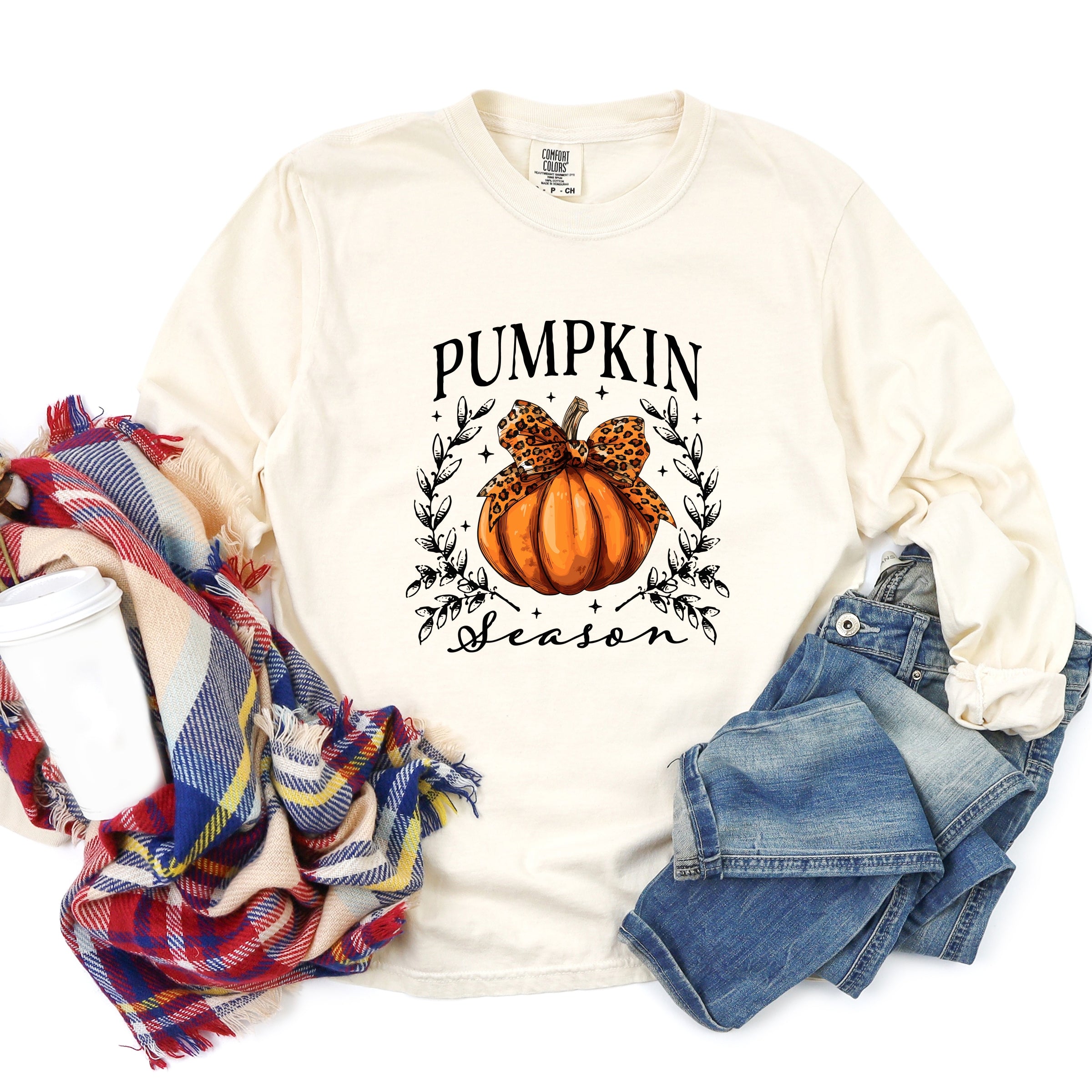 Pumpkin Season Leopard Bow - Women's Garment Dyed Long Sleeve Graphic T-Shirt