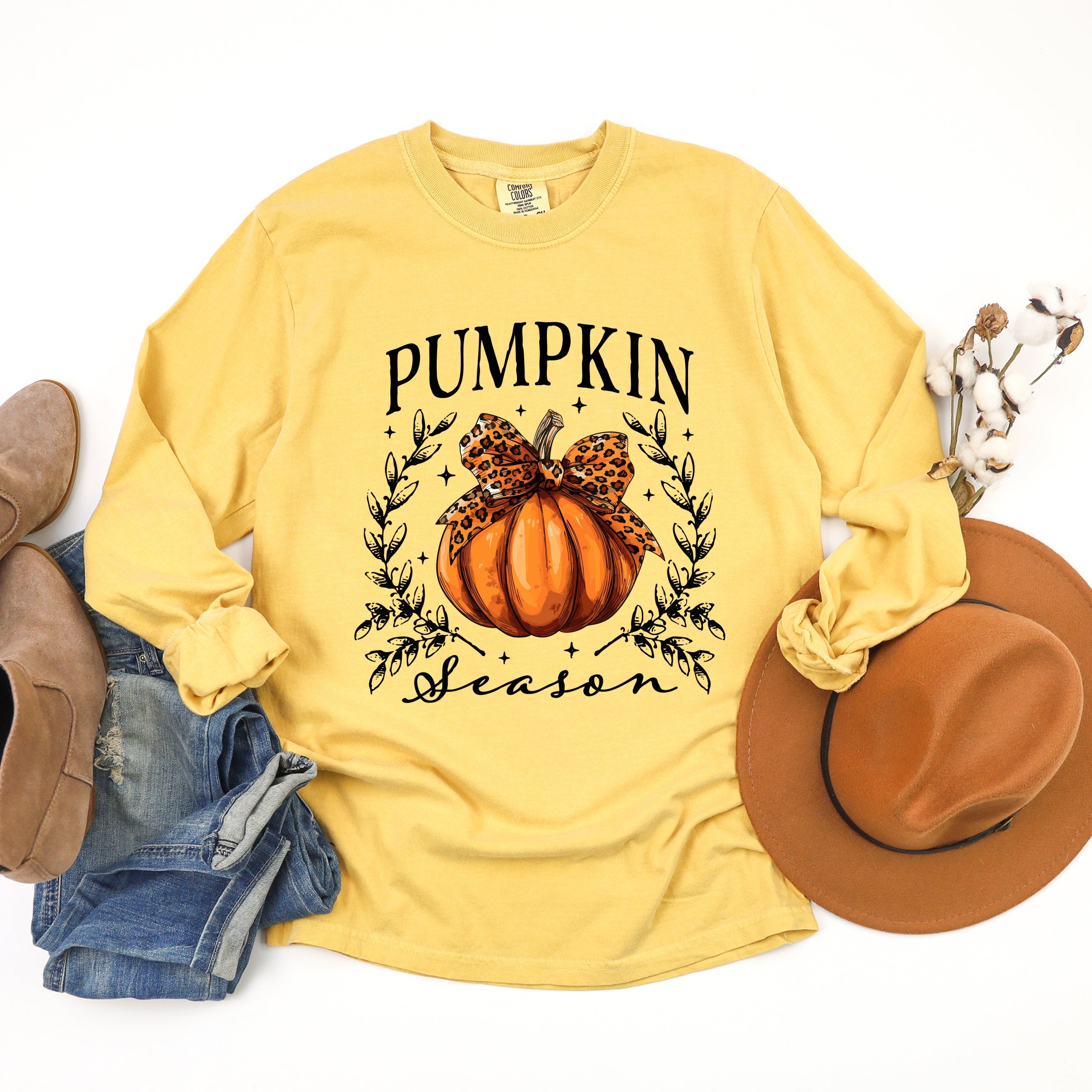 Pumpkin Season Leopard Bow - Women's Garment Dyed Long Sleeve Graphic T-Shirt