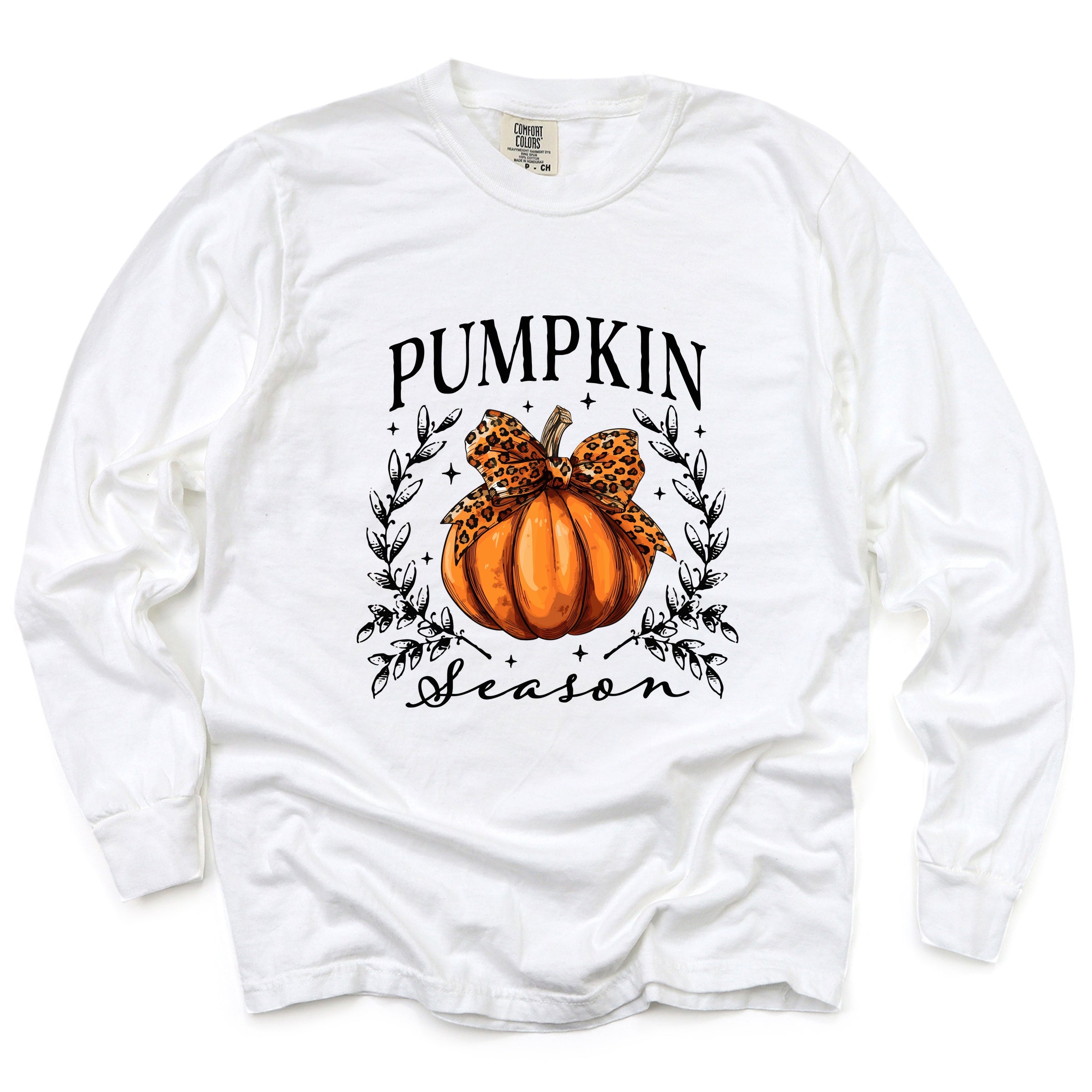 Pumpkin Season Leopard Bow - Women's Garment Dyed Long Sleeve Graphic T-Shirt