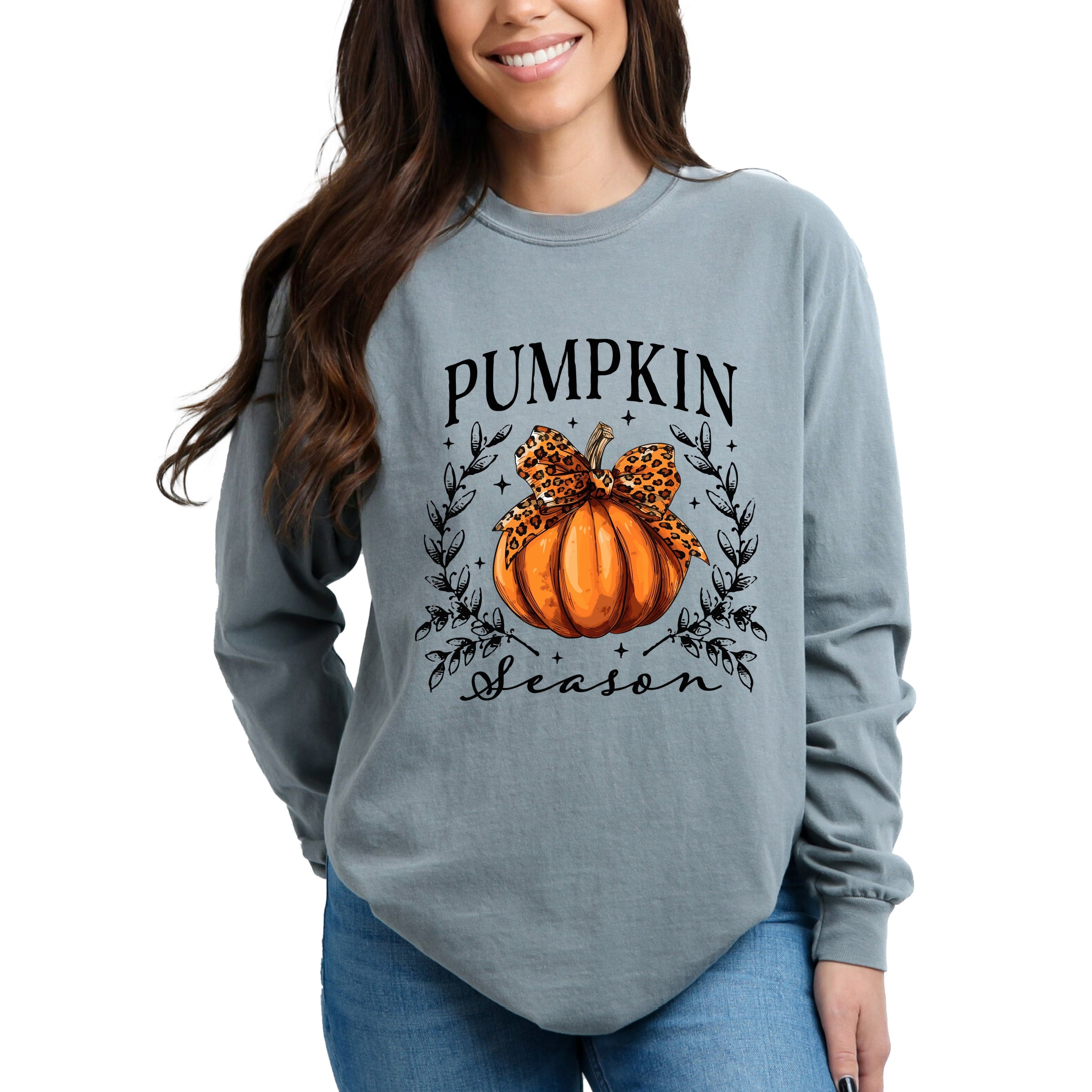Pumpkin Season Leopard Bow - Women's Garment Dyed Long Sleeve Graphic T-Shirt