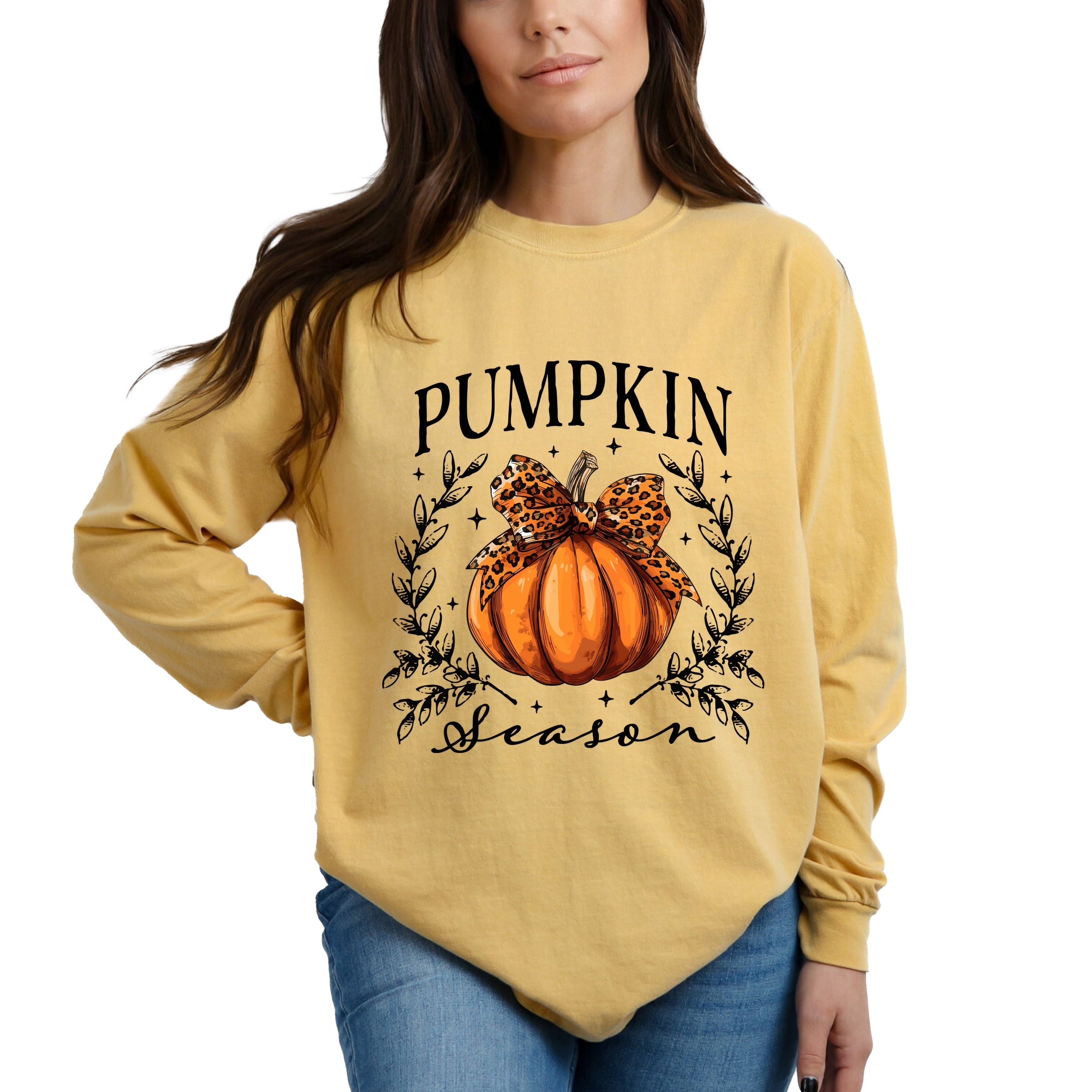 Pumpkin Season Leopard Bow - Women's Garment Dyed Long Sleeve Graphic T-Shirt