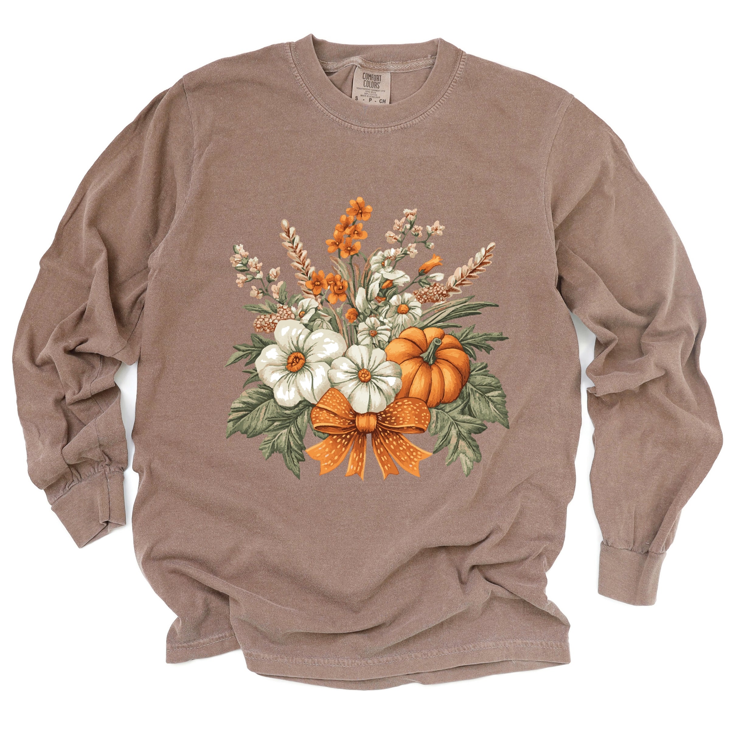 Coquette Orange Bow Fall Floral - Women's Garment Dyed Long Sleeve Graphic T-Shirt
