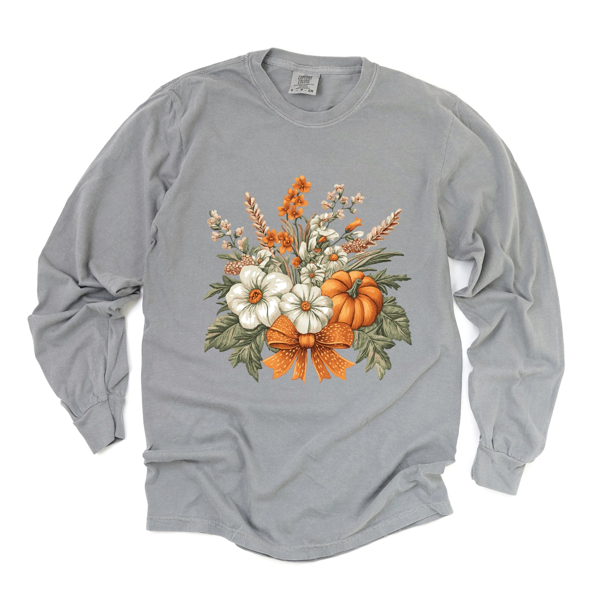 Coquette Orange Bow Fall Floral - Women's Garment Dyed Long Sleeve Graphic T-Shirt