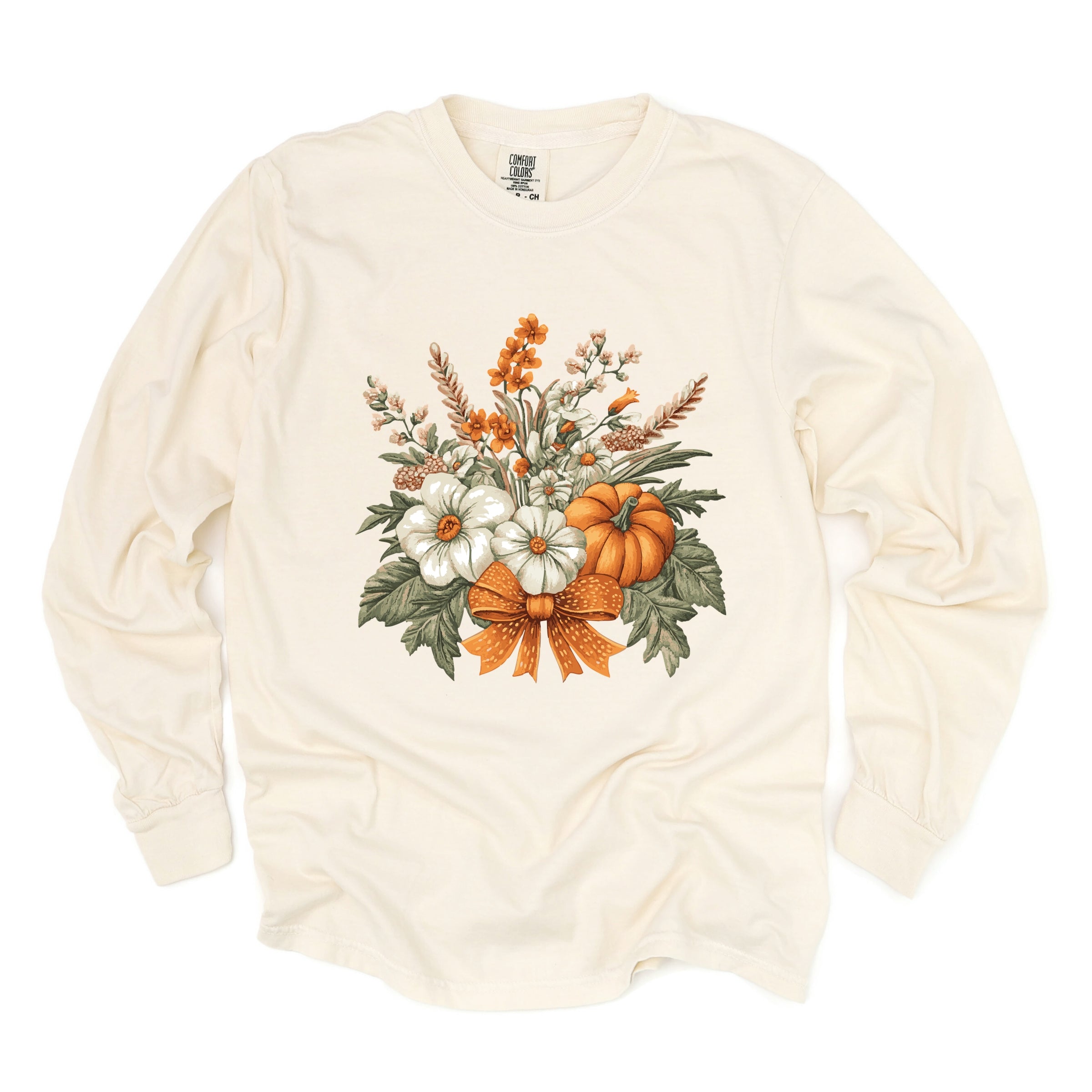 Coquette Orange Bow Fall Floral - Women's Garment Dyed Long Sleeve Graphic T-Shirt