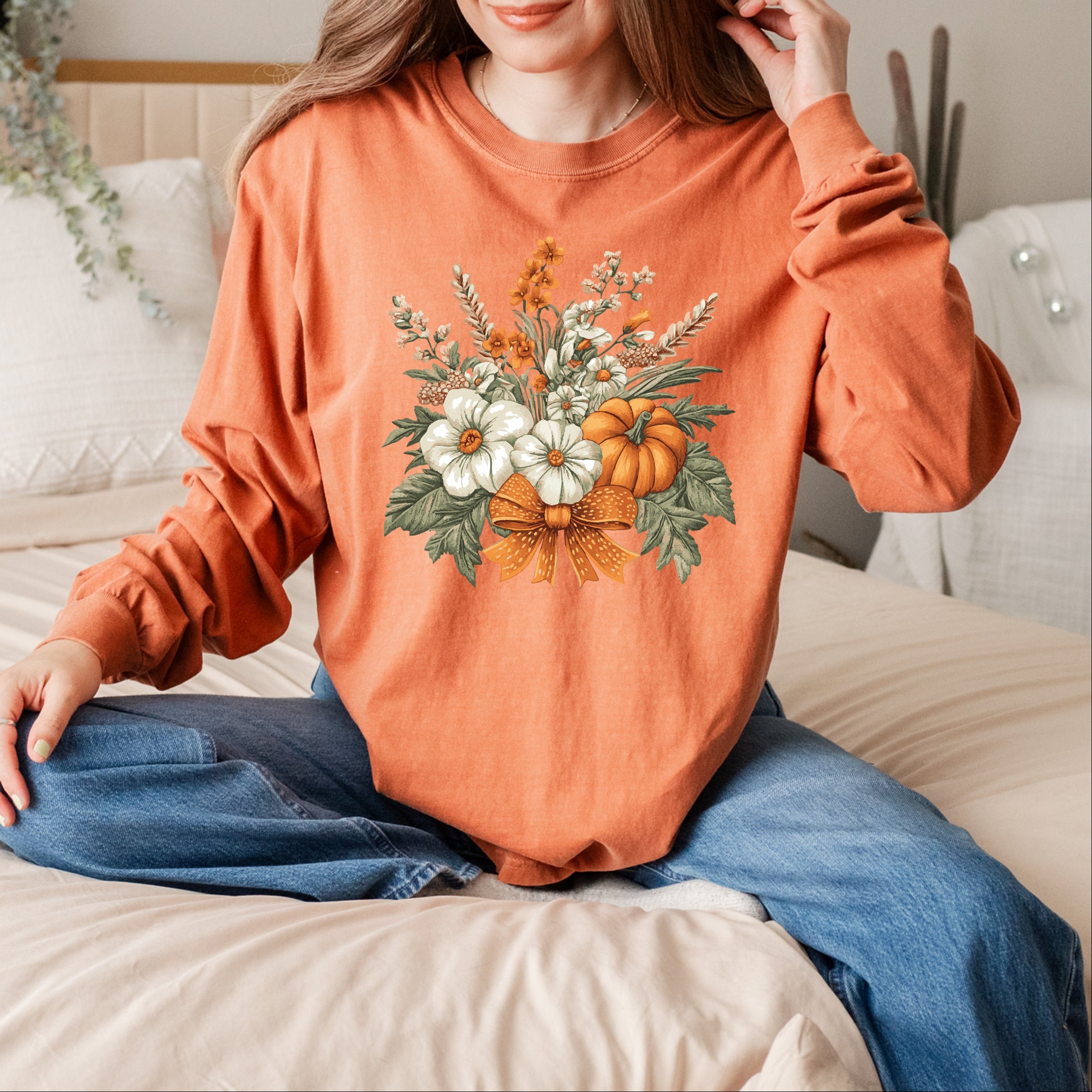 Coquette Orange Bow Fall Floral - Women's Garment Dyed Long Sleeve Graphic T-Shirt
