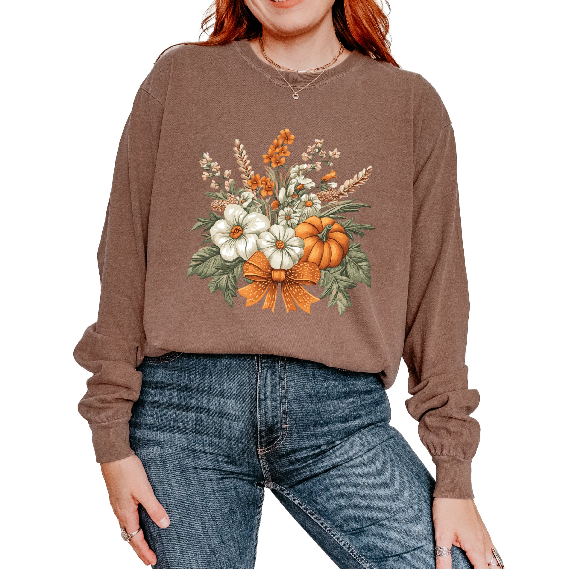 Coquette Orange Bow Fall Floral - Women's Garment Dyed Long Sleeve Graphic T-Shirt