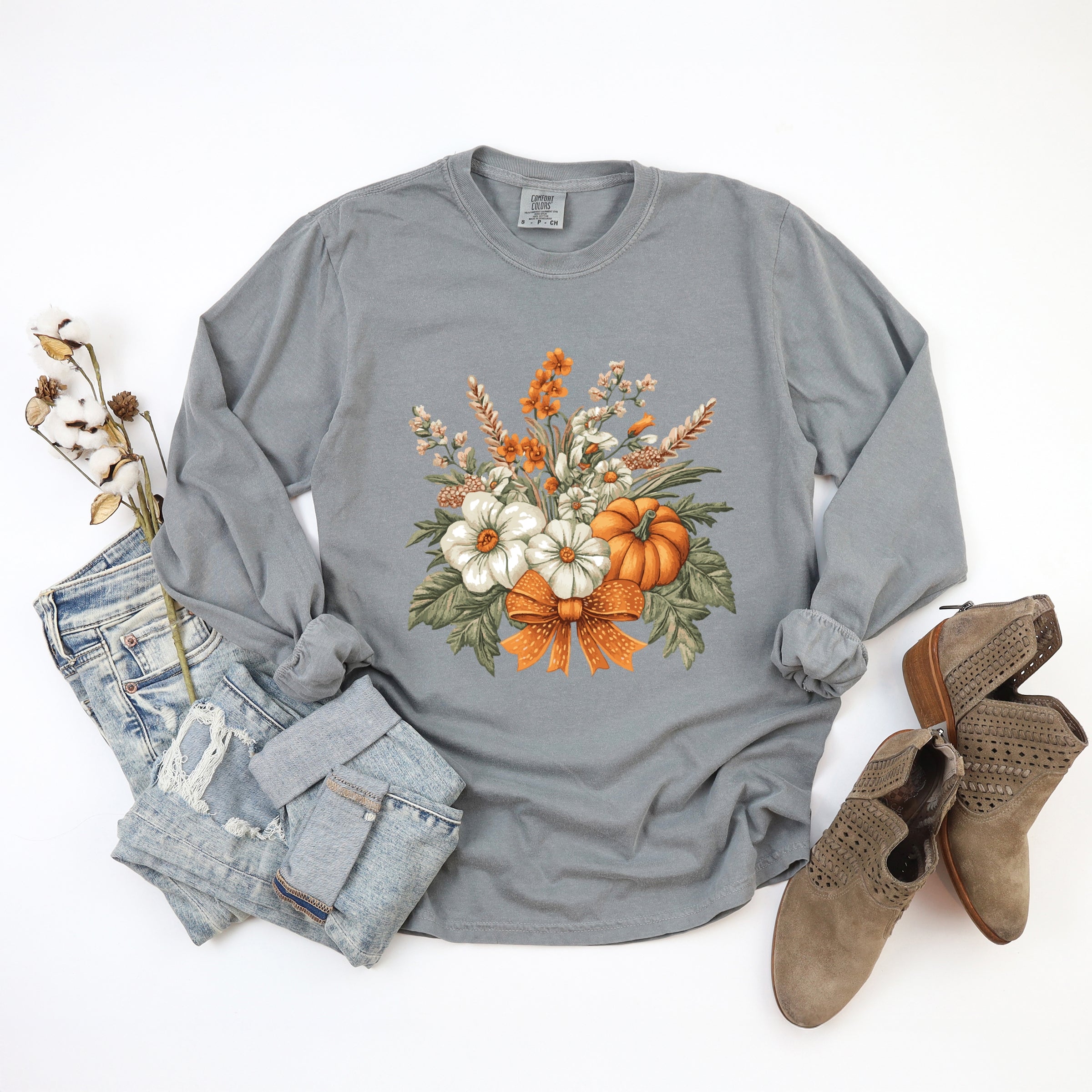 Coquette Orange Bow Fall Floral - Women's Garment Dyed Long Sleeve Graphic T-Shirt