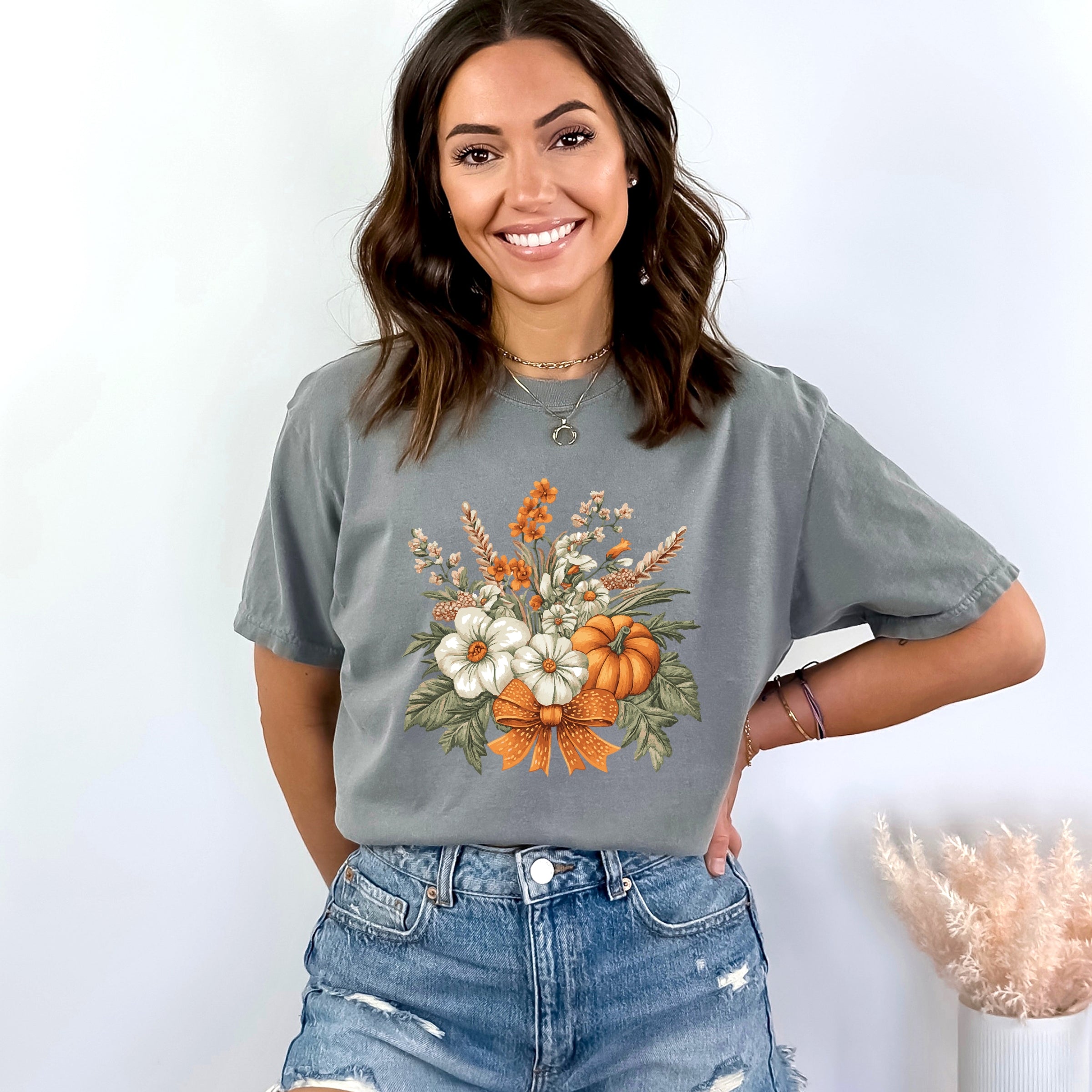 Coquette Orange Bow Fall Floral - Women's Garment Dyed Graphic T-Shirt
