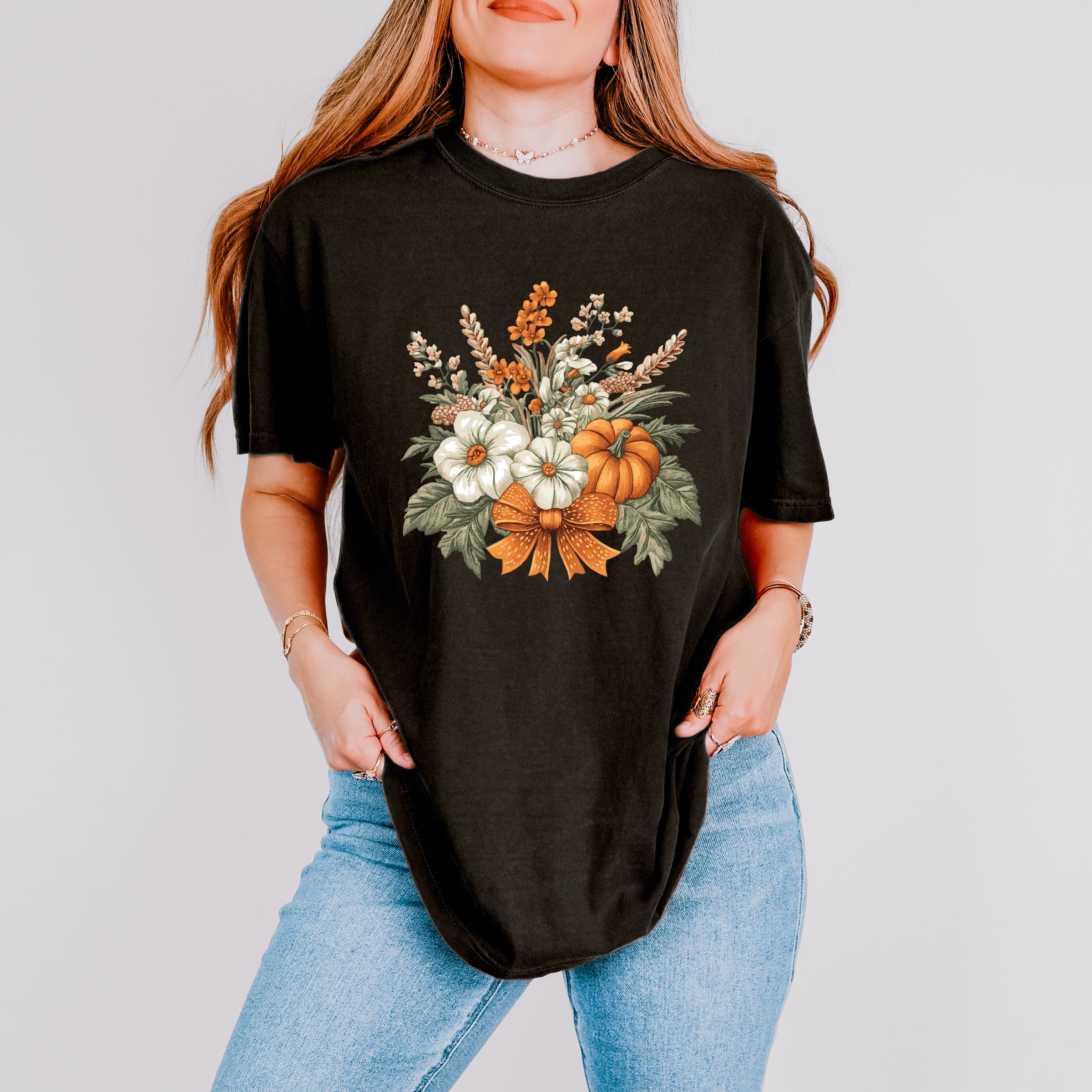 Coquette Orange Bow Fall Floral - Women's Garment Dyed Graphic T-Shirt