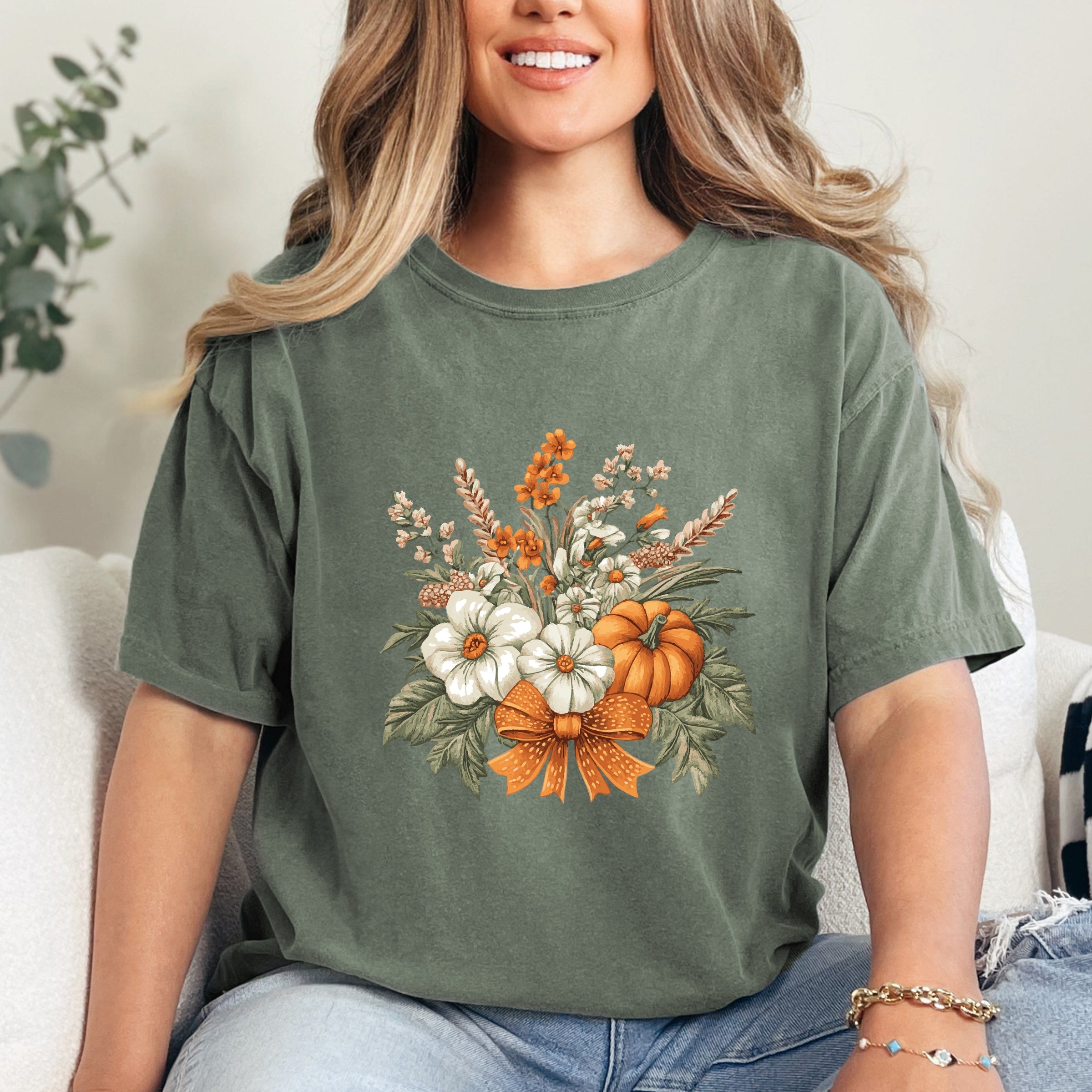 Coquette Orange Bow Fall Floral - Women's Garment Dyed Graphic T-Shirt