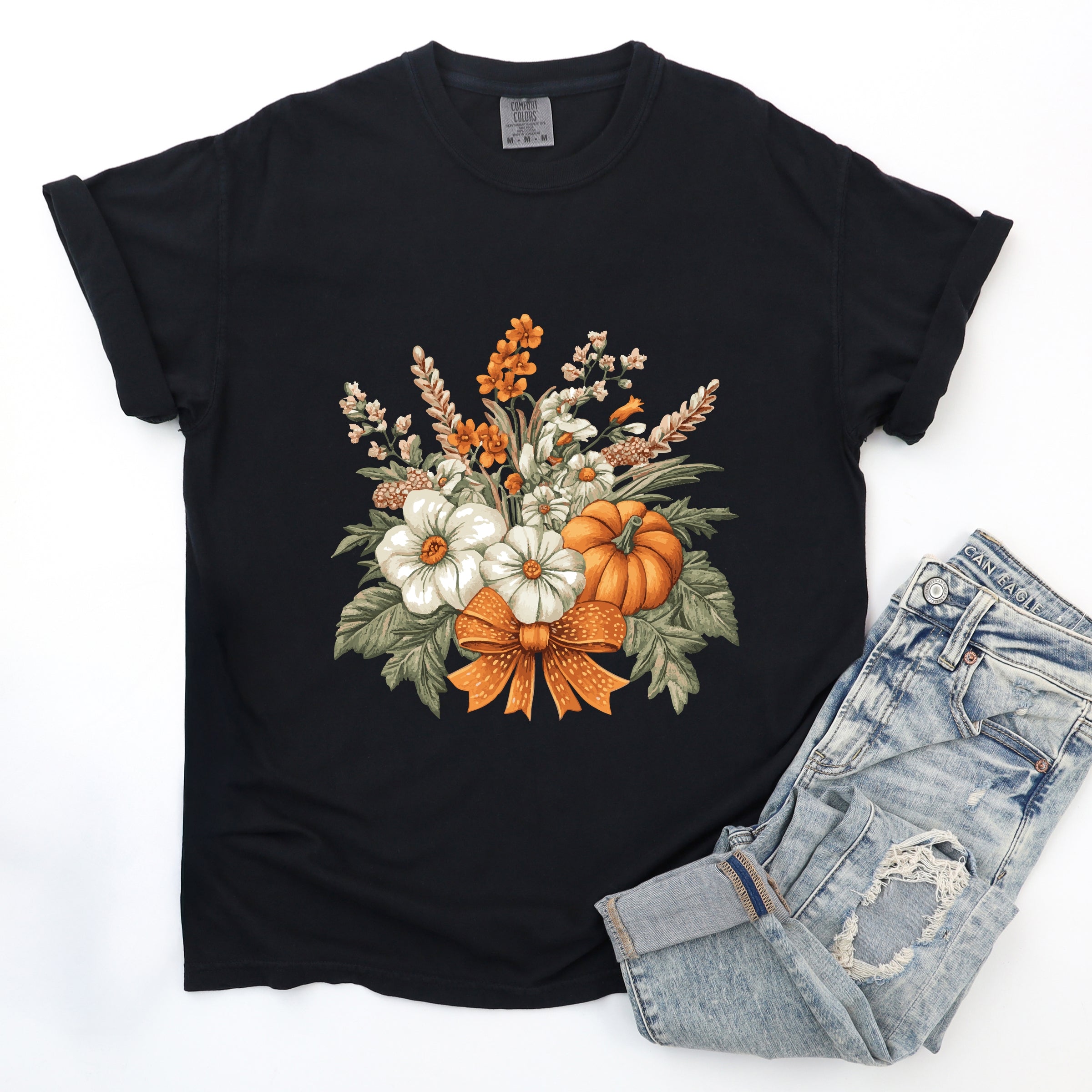 Coquette Orange Bow Fall Floral - Women's Garment Dyed Graphic T-Shirt