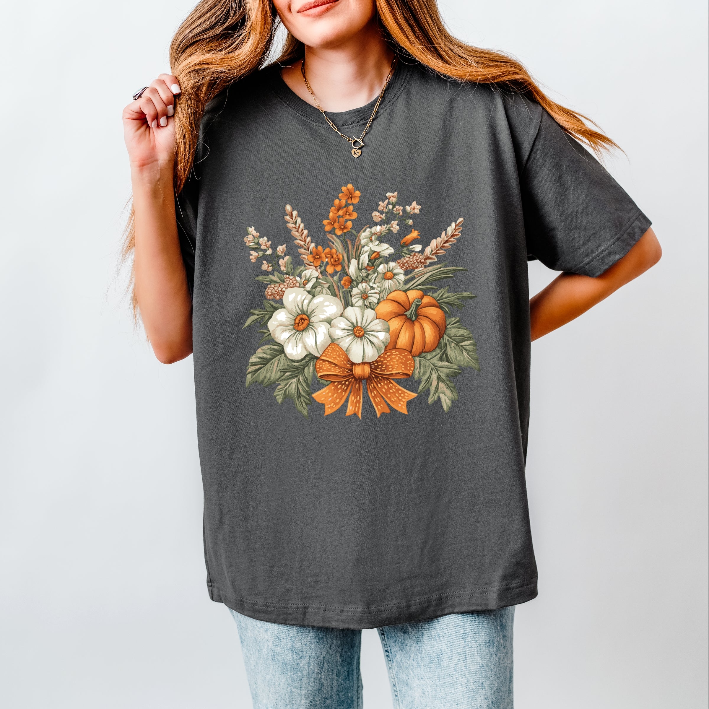Coquette Orange Bow Fall Floral - Women's Heavyweight Graphic T-Shirt